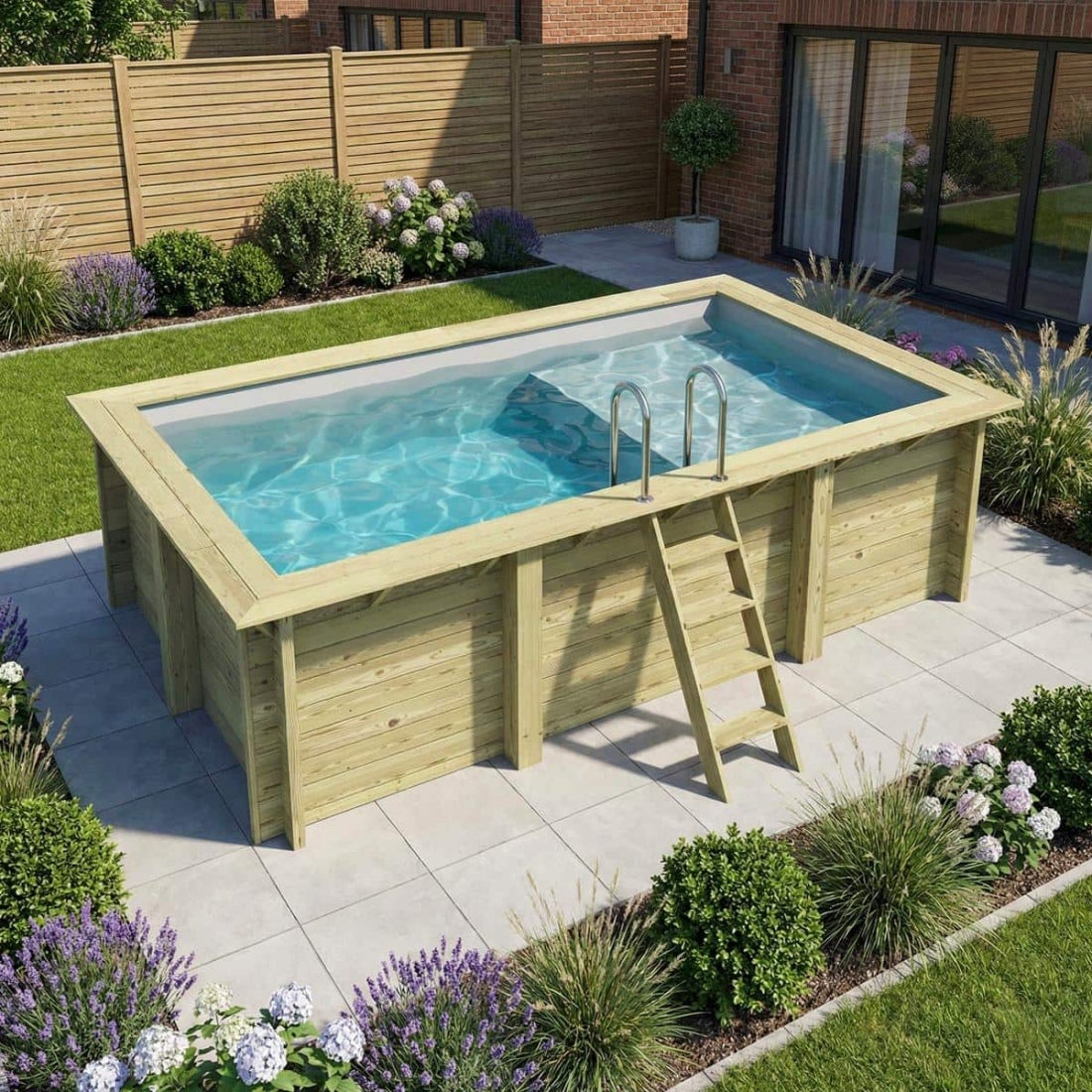 Piscină supraterană din lemn AQUA 4,65 x 2,85 – H. 1,24 m, cu terasă, gri deschis, cu fixare în beton – BAS7306OSPI2+PLA306