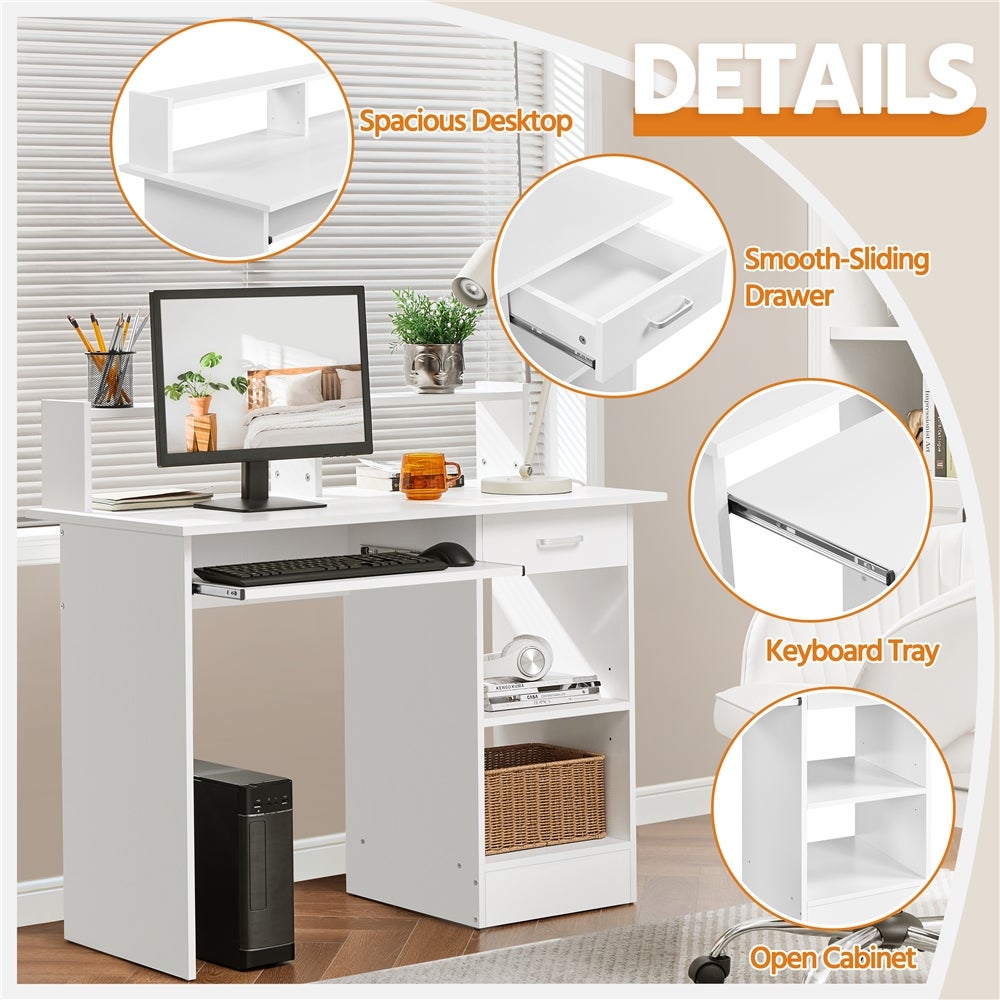 Bureau Informatique en Bois Bureau d’ordinateur avec Tiroir Support PC Plateau pour Clavier Étagère Blanc Yaheetech - 5