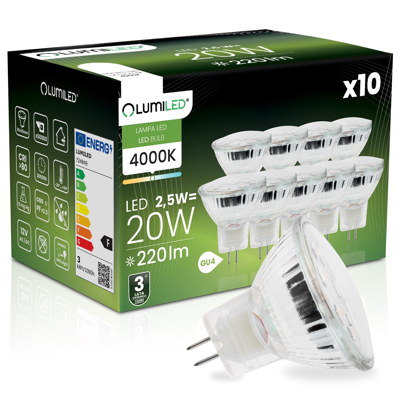 10x Żarówka Lumiled LED GU4 Reflektor MR11 2,5W = 20W 220lm 4000K Neutralna 120st 12V