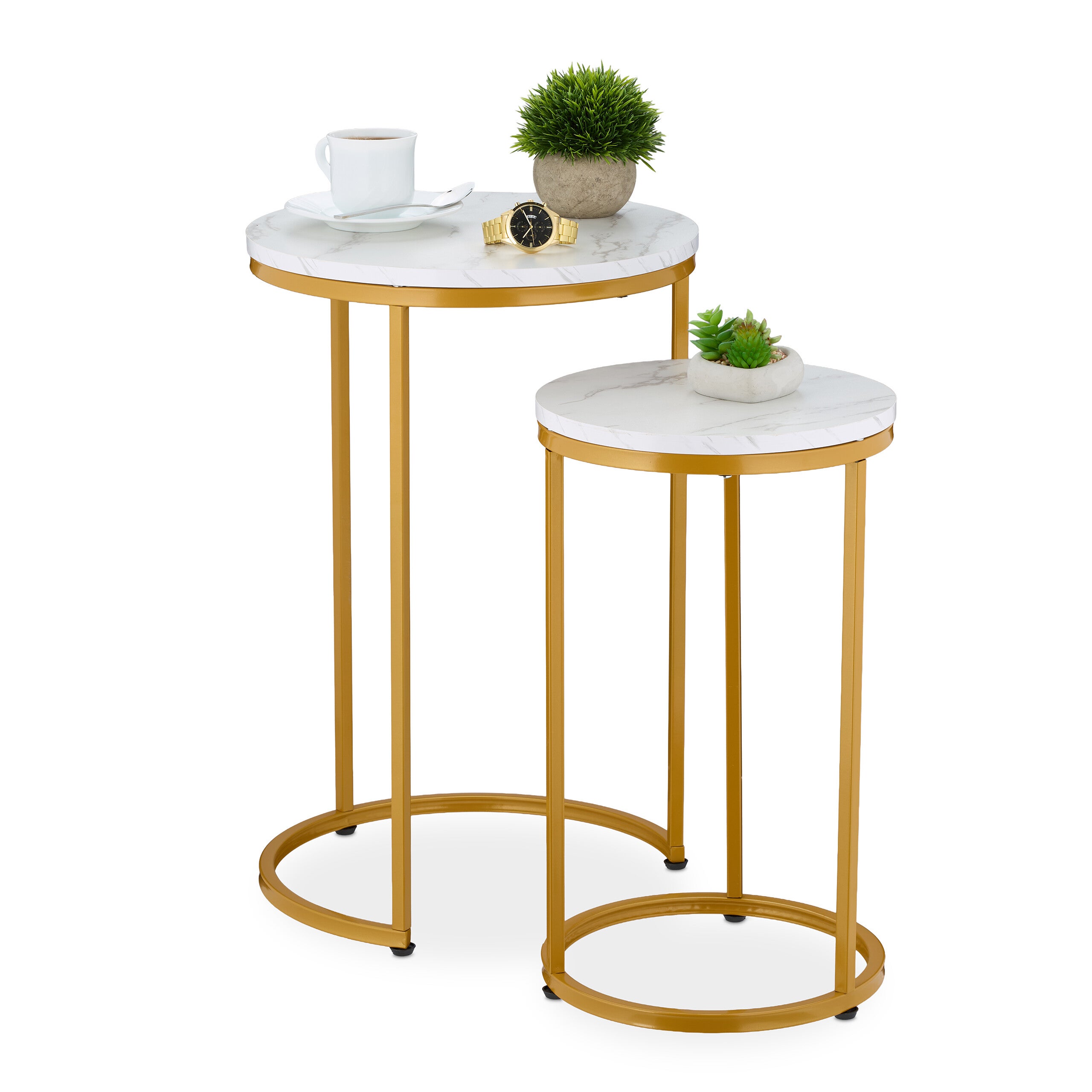Set Di 2 Tavolini Bassi Effetto Marmo Relaxdays – Rotondi, Sovrapponibili, In MDF E Ferro, Per Soggiorno, Camera Da Letto O Ingresso (Bianco/Nero)