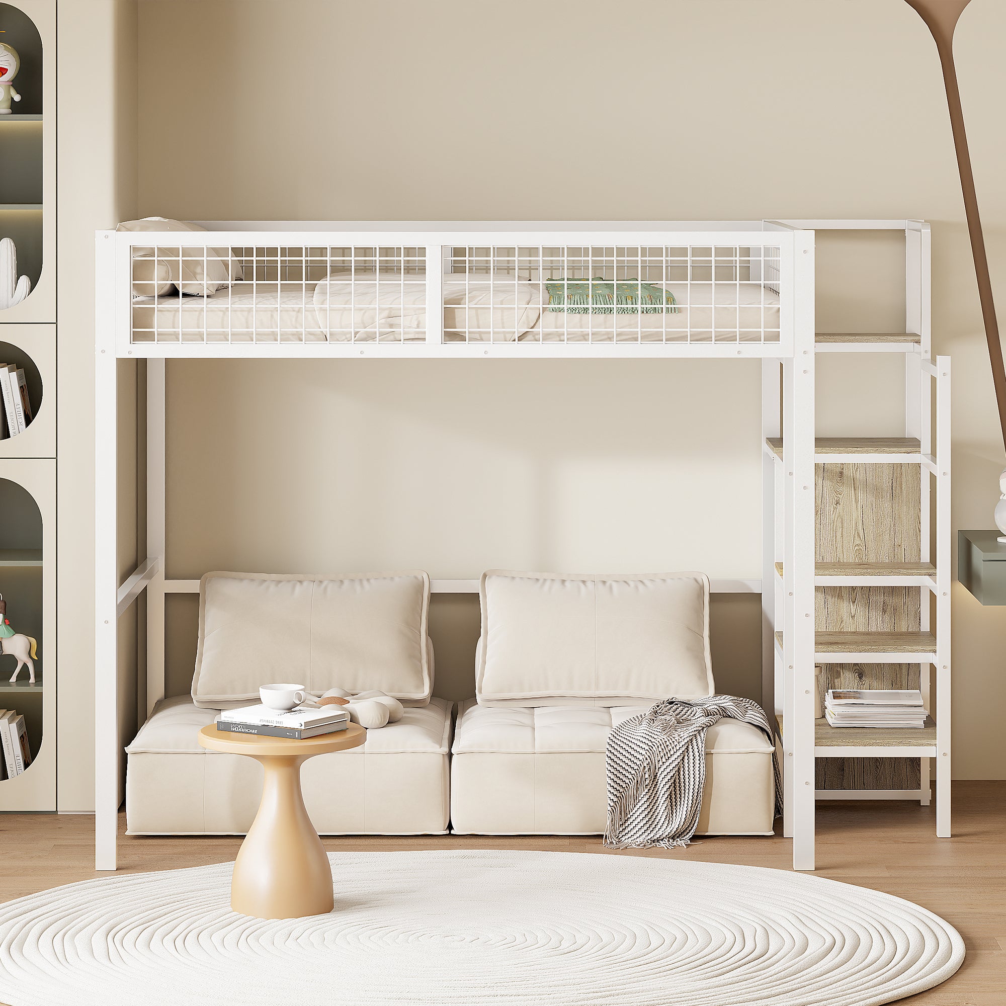 Letto A Soppalco 140x200 Cm Per Bambini Con Scala E Spazio Aperto - Struttura In Metallo, Bianco O Nero