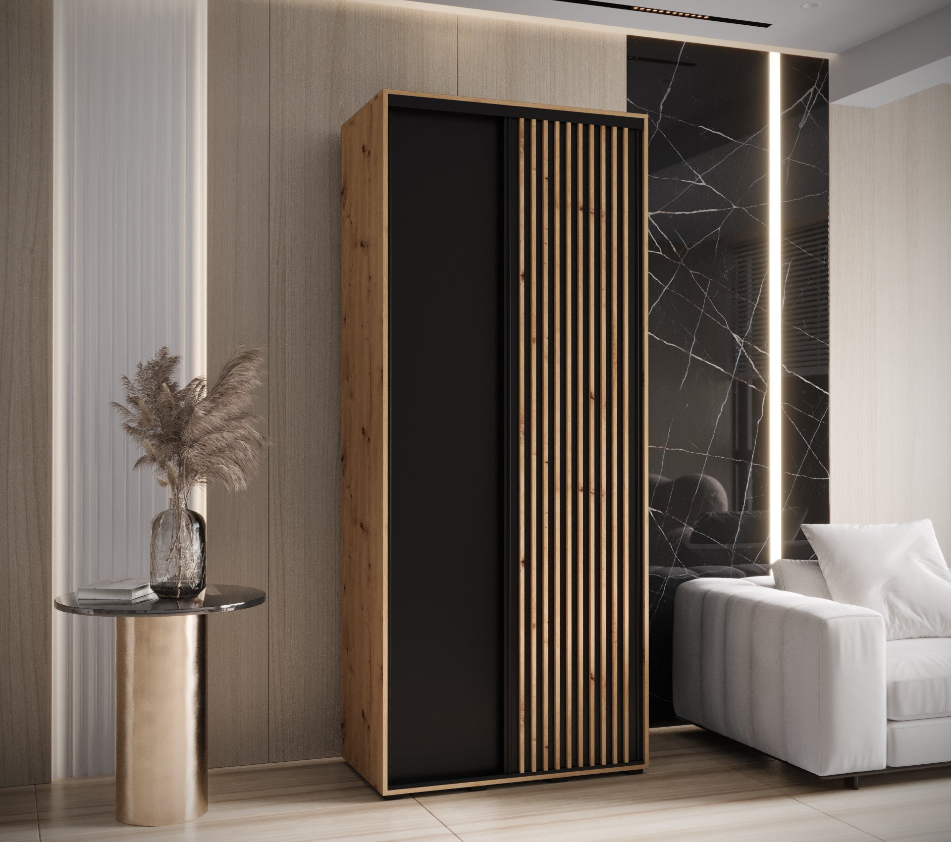 Szafa przesuwna wysoka Lanko 1 120 x 60 x 235,2 cm artisan + czarny + lamele artisan - Abiks Meble - 2