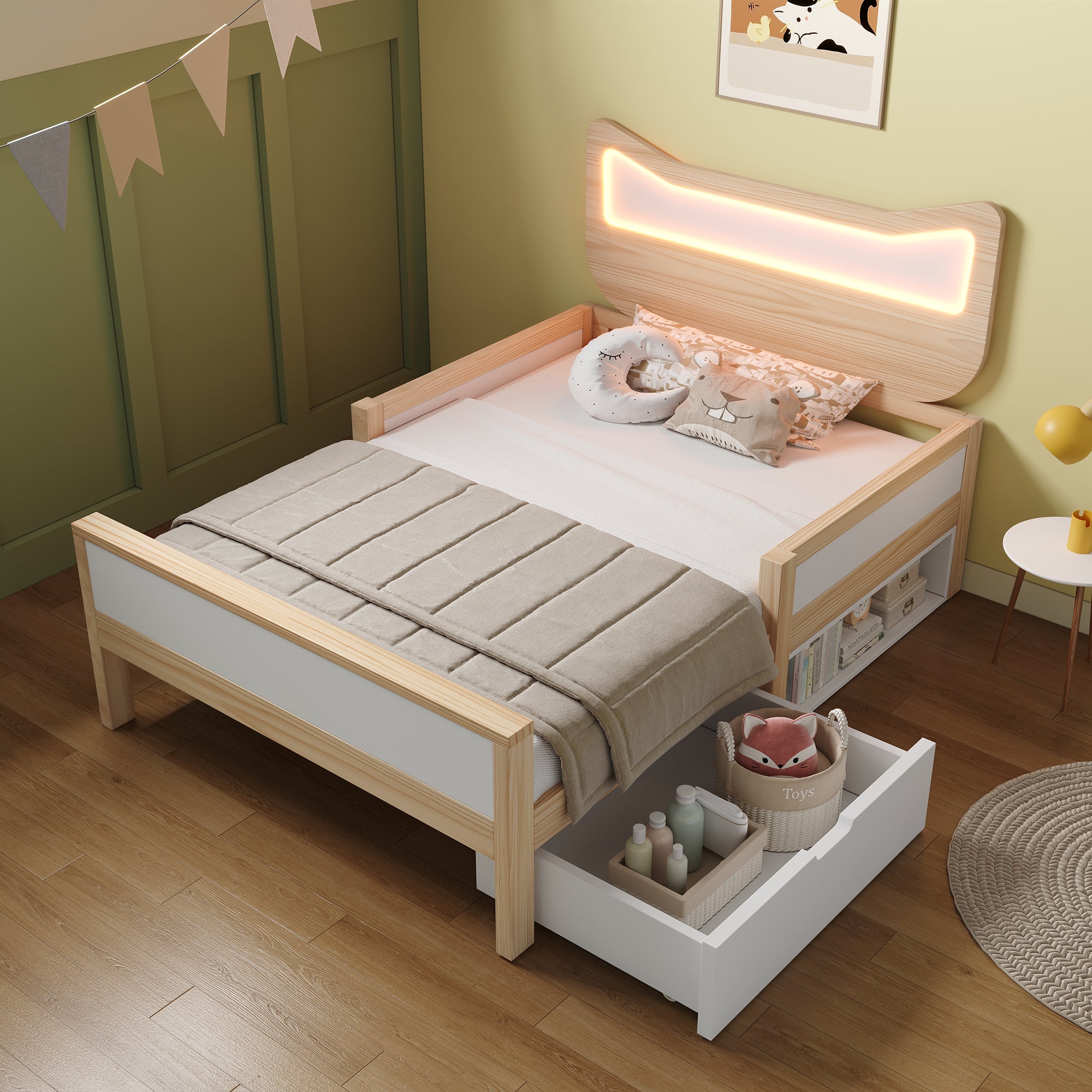 Lit enfant 90×190 cm avec RGB LED et tête de lit oreilles de chat,Lit simple avec tiroirs et compartiments de rangement,Blanc+chêne(Sans matelas) - 2