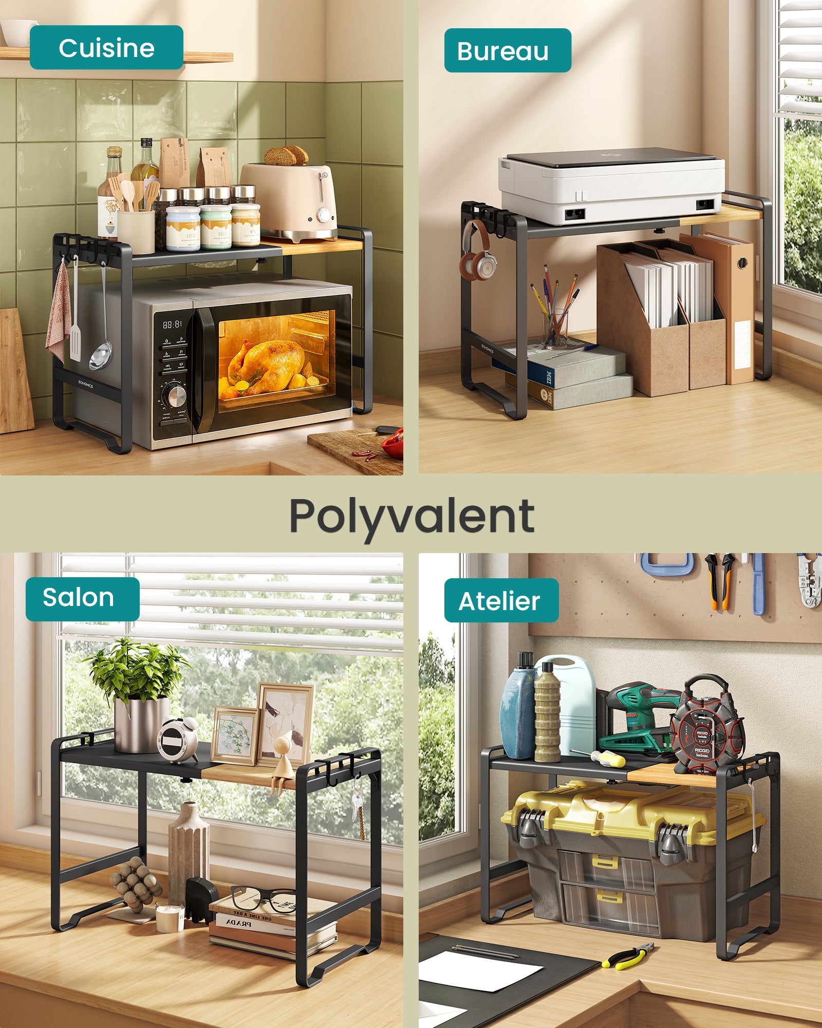 Étagère pour Micro-ondes, Extensible, Support pour Mini Four, Largeur Réglable de 41,5 à 64 cm, Acier et Bambou, 4 Crochets, Noir et Bambou - 6