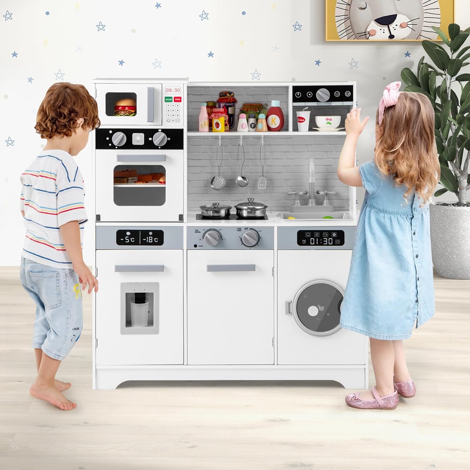 Cuisine Enfant avec Distributeur d’Eau & Machine à Laver, Cuisiniere Enfant avec Lumière & Effet Sonore,Micro-Ondes & Cafetière,Jeu de Cuisine - 9