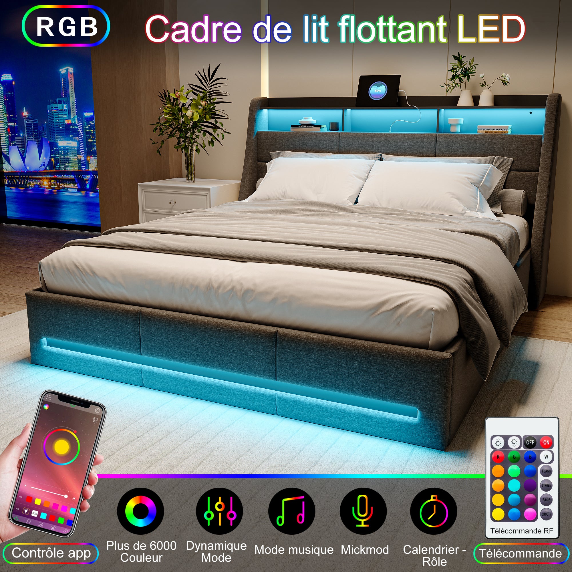 Cama doble de 140x190 cm en lino gris con almacenamiento hidráulico, cabecero con puertos USB y tiras de luces LED RGB. - 6