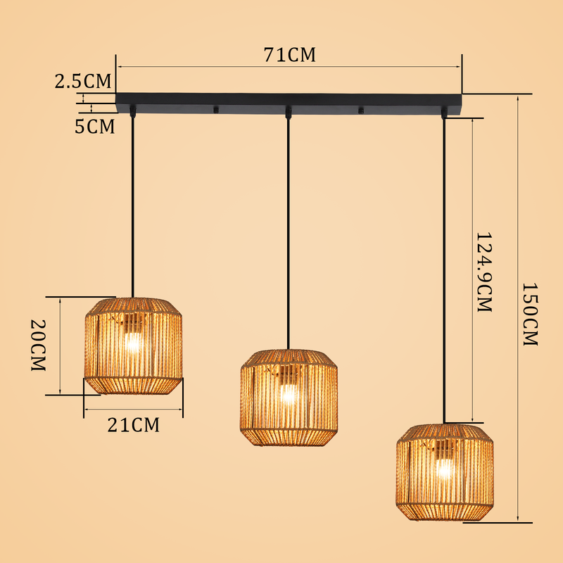 Nettlife Lampada Sospensione Boho Rattan - Lampadario 3 Luci E27, Regolabile, Stile Retrò, Tavolo Pranzo (Senza Lampadina) - 4