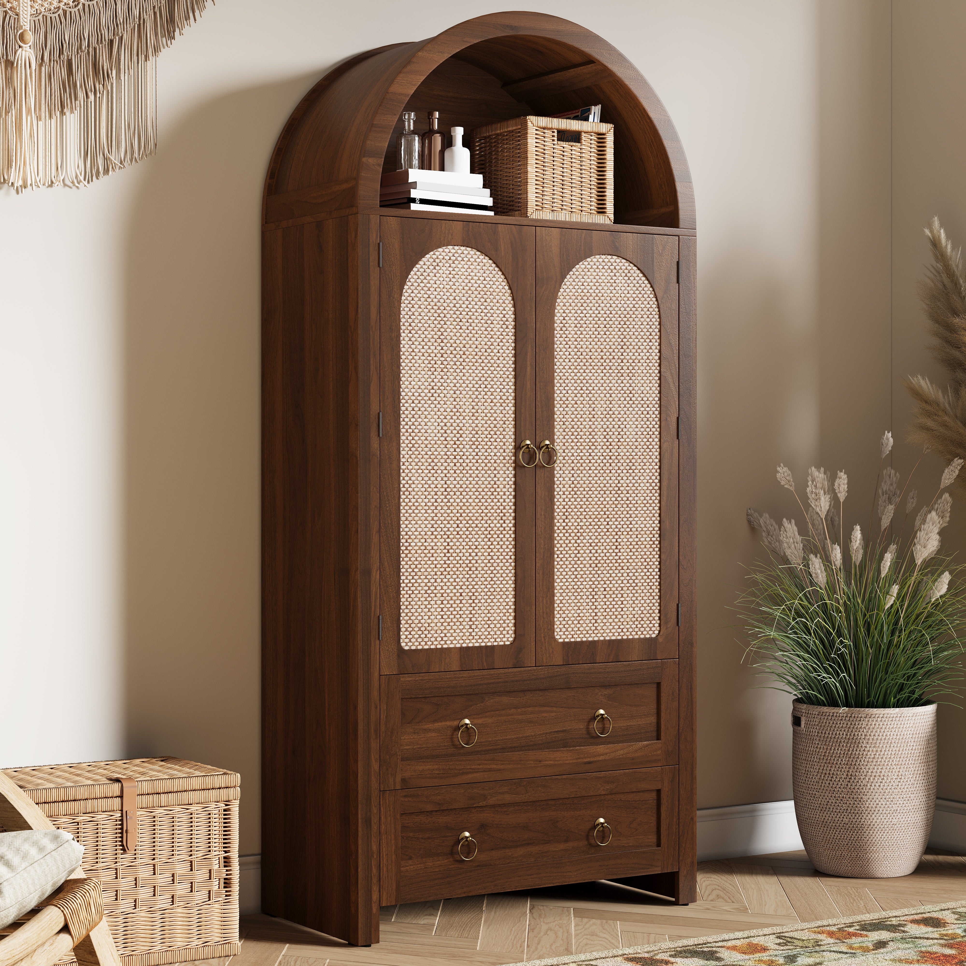 Buffet vintage en osier de style voûté à double tiroir - Meuble de rangement pour salon et chambre - 80x40x180cm - couleur bois naturel - 3