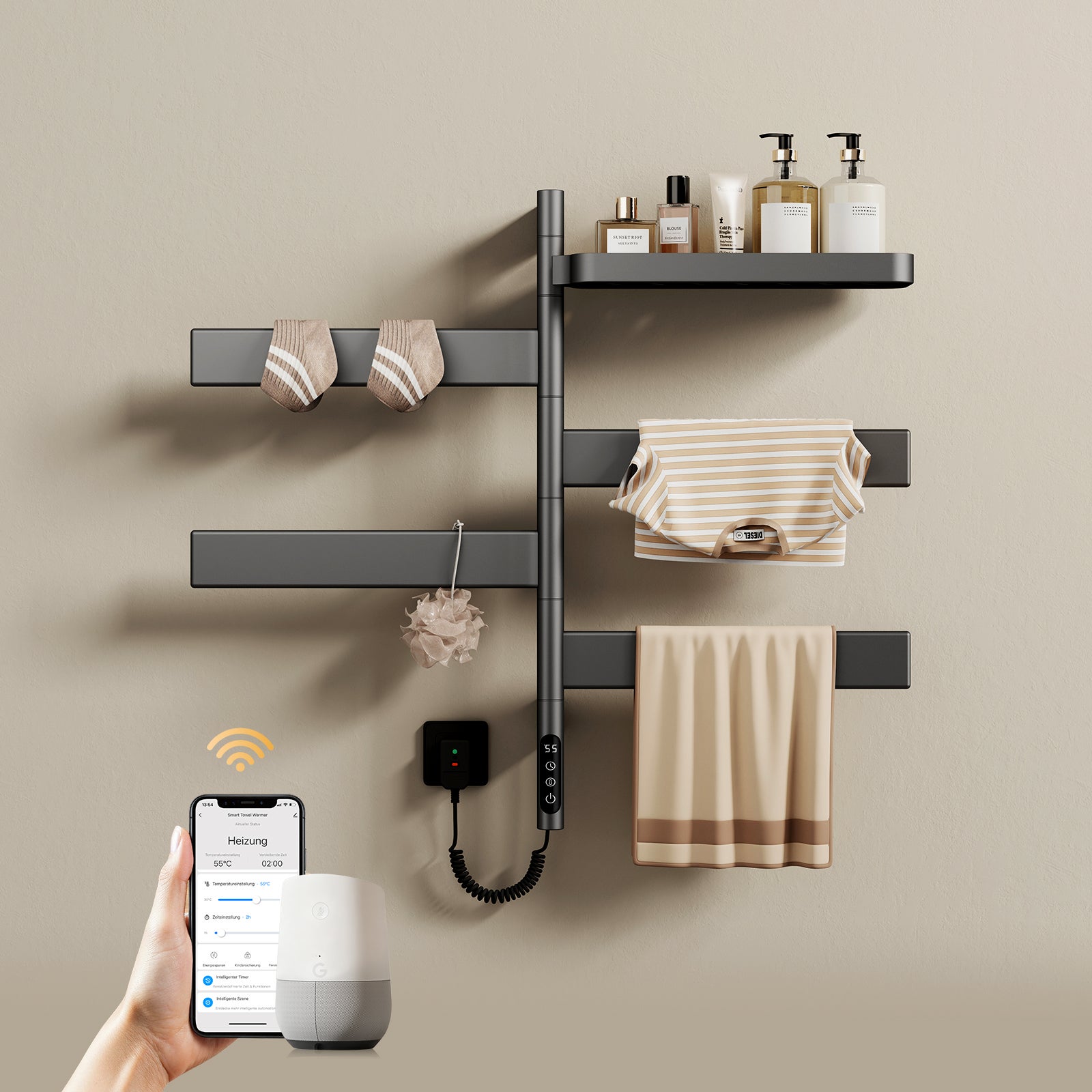 EMKE Calorifer baie portprosop electric inteligent Pivotant 180° cu Raft - 77 x 45 cm, 120 W, Wi-Fi, 6 Moduri, IP45, Gri Gunmetal
