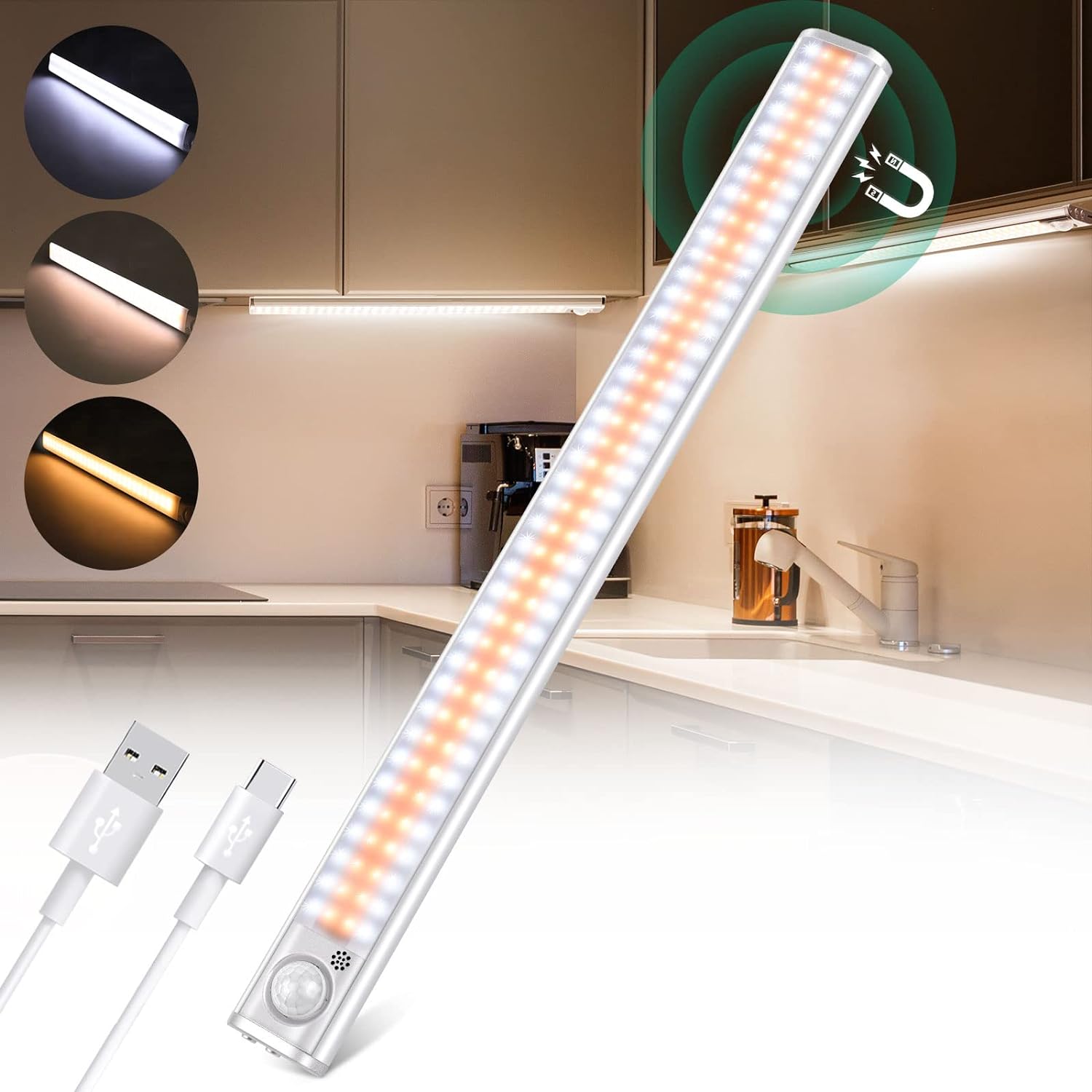 Lot De 2 Reglettes LED 41 Cm Avec Détecteur De Mouvement - USB-C Rechargeable 2200mAh - 3 Couleurs & Luminosité Réglable
