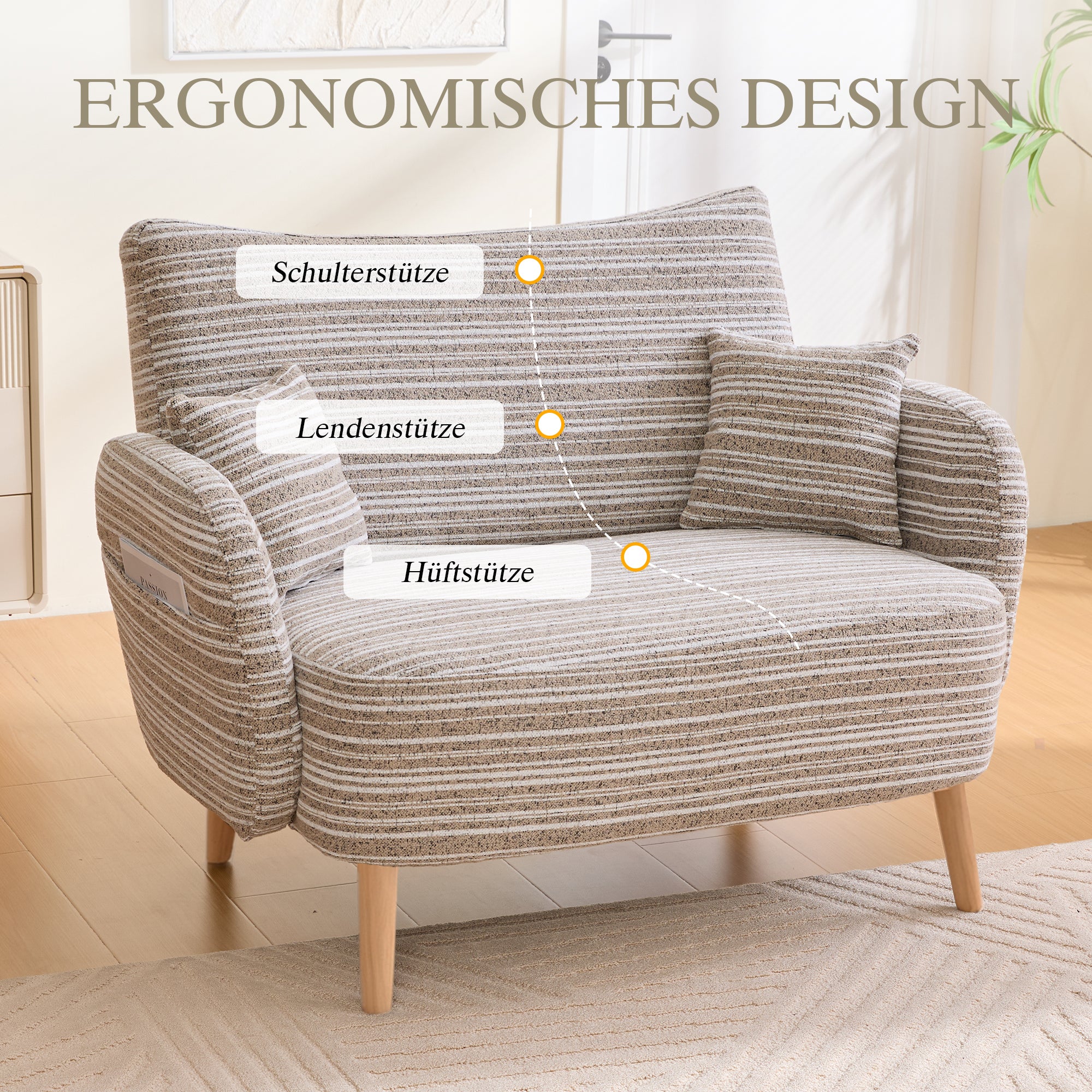 Canapé 2 places moderne avec poches de rangement, petit sofa profond avec accoudoirs rembourrés pour appartement et chambre, canapé droit chic, Beige - 8