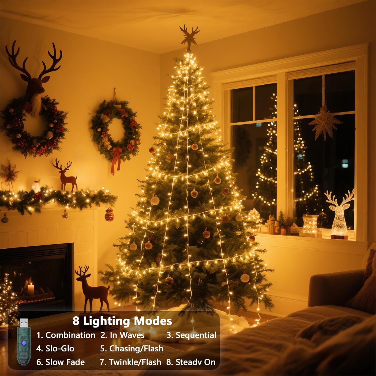 Guirlande Lumineuse LED de 2 m pour Sapin de Noël avec 280 LED et 8 Anneaux, Lumière Chaude, USB 5V/2A, pour Intérieur et Extérieur, Convient aux Arbr - 3