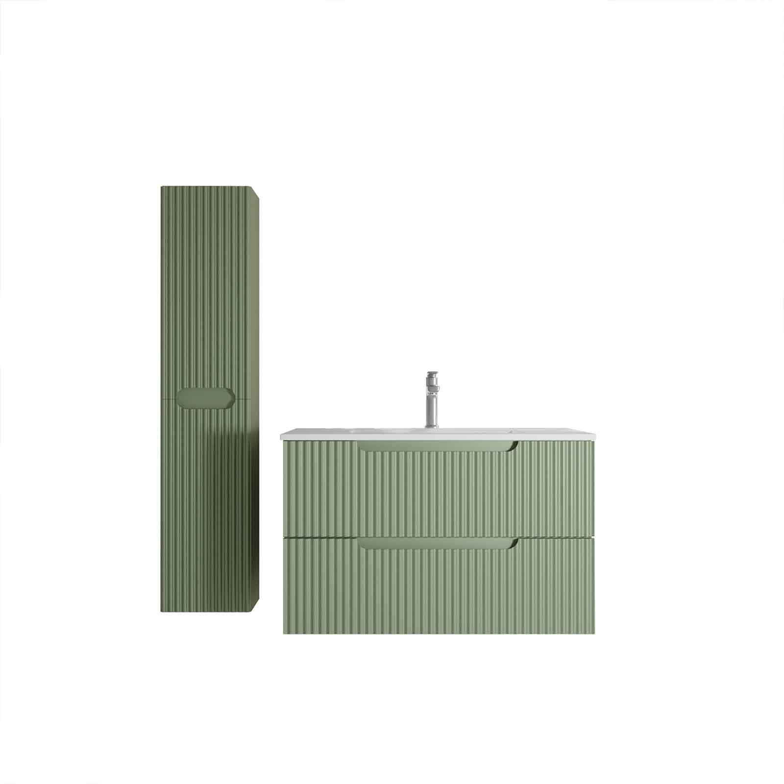 Meuble et colonne de Salle de Bains LEON 80cm Vert Olive - Façades Ondulées - Vasque Blanche Mate - 3