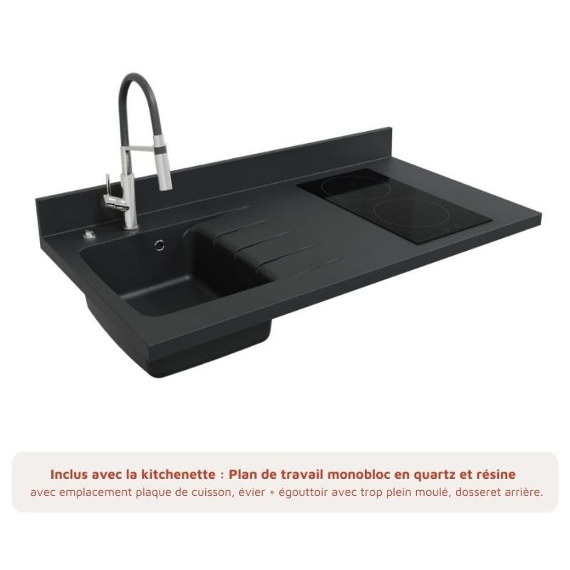 Kitchenette K08L - 120 cm a Noir - Nero - Plan monobloc quartz évier à gauche - 5