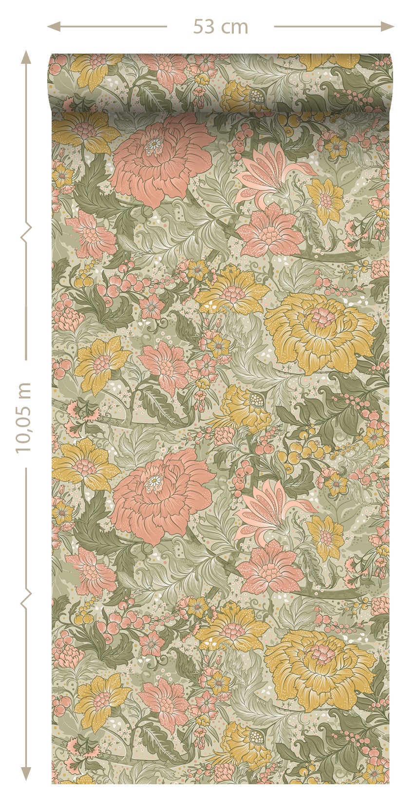 Papier peint fleurs vintage vert grisé, rose et jaune ocre - 50 x 900 cm - ESTAhome - 9