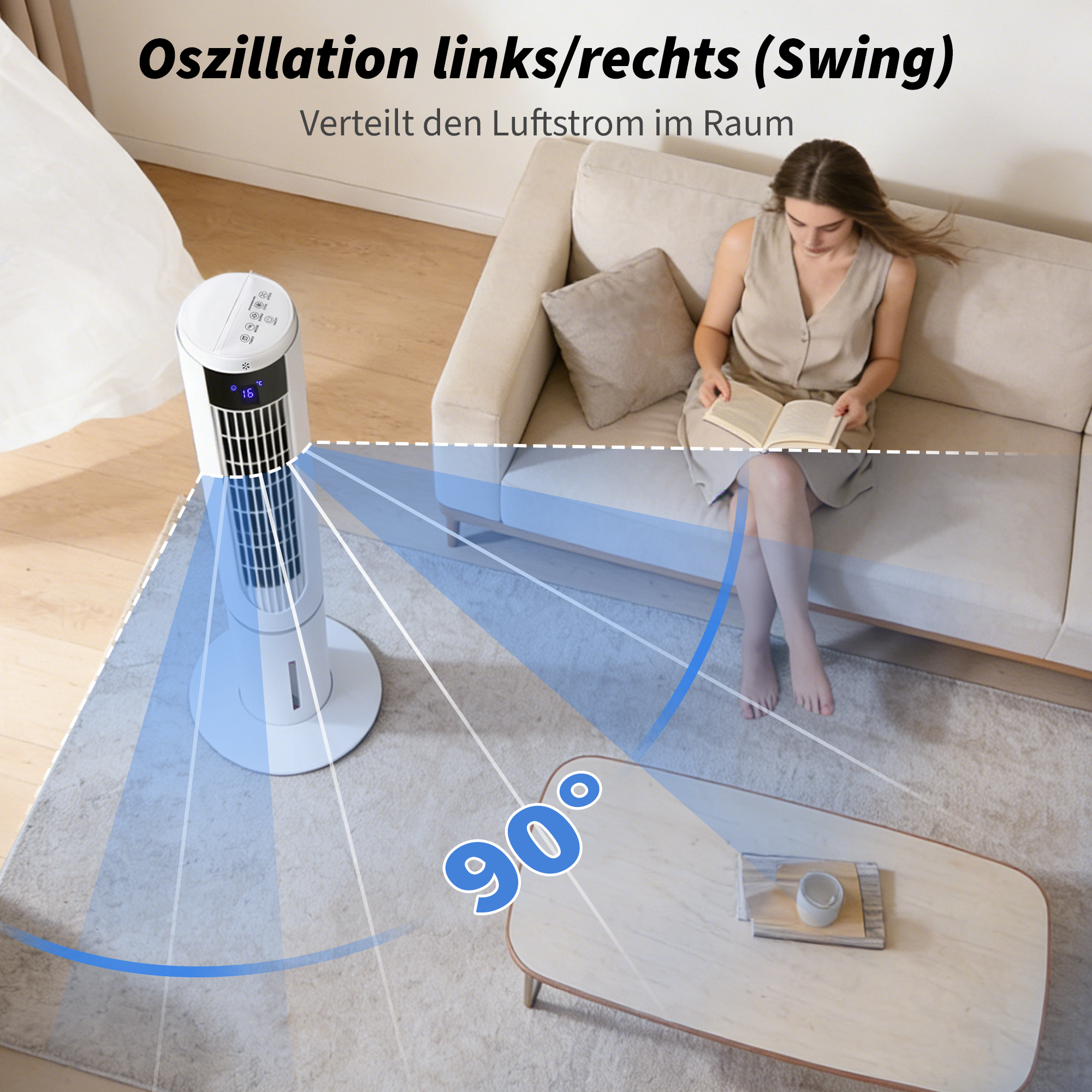 ZMH Ventilateur colonne rafraîchissant 3 modes 3 vitesses de ventilation oscillation 90° avce télécommande pour chambre bureau salon - 6