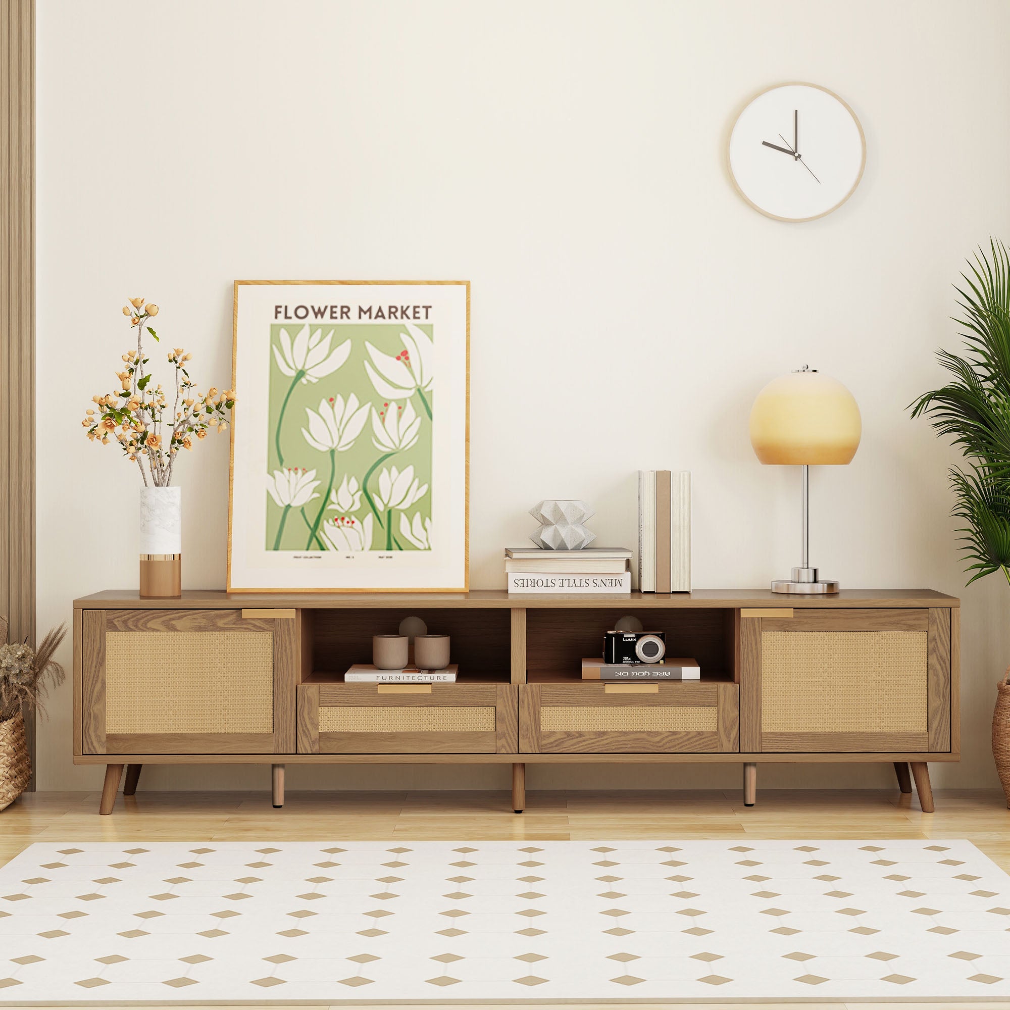 Szafka RTV z 2 drzwiami i 2 szufladami - 200 x 37 x 49 cm - Płyta wiórowa i lite drewno - Dąb
