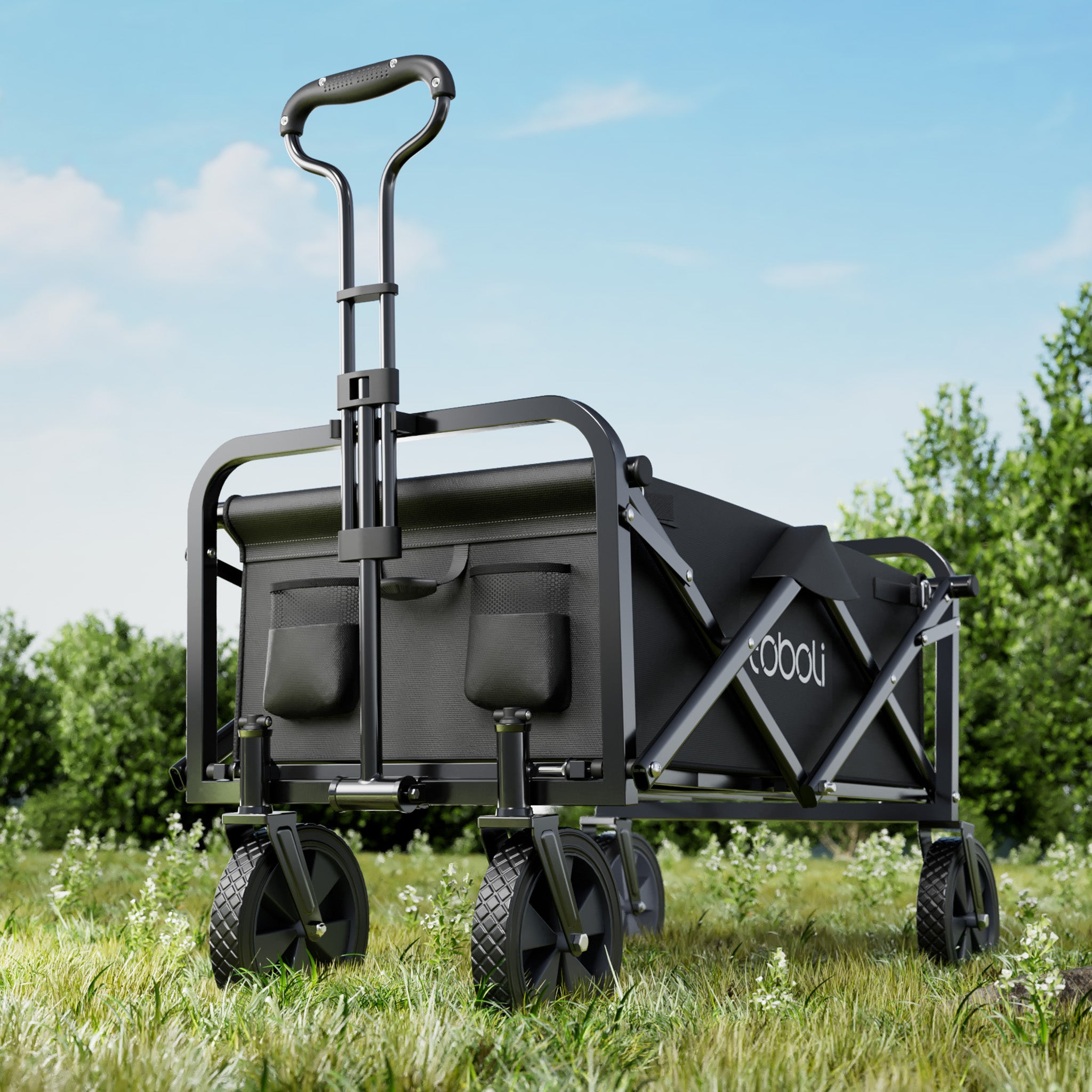 Chariot de transport Enfant Noir Pliable 100 kg avec Roulettes 1020x505x1010 mm Poignée Télescopique Transport Outils Tout-terrain Plage… Toboli - 2