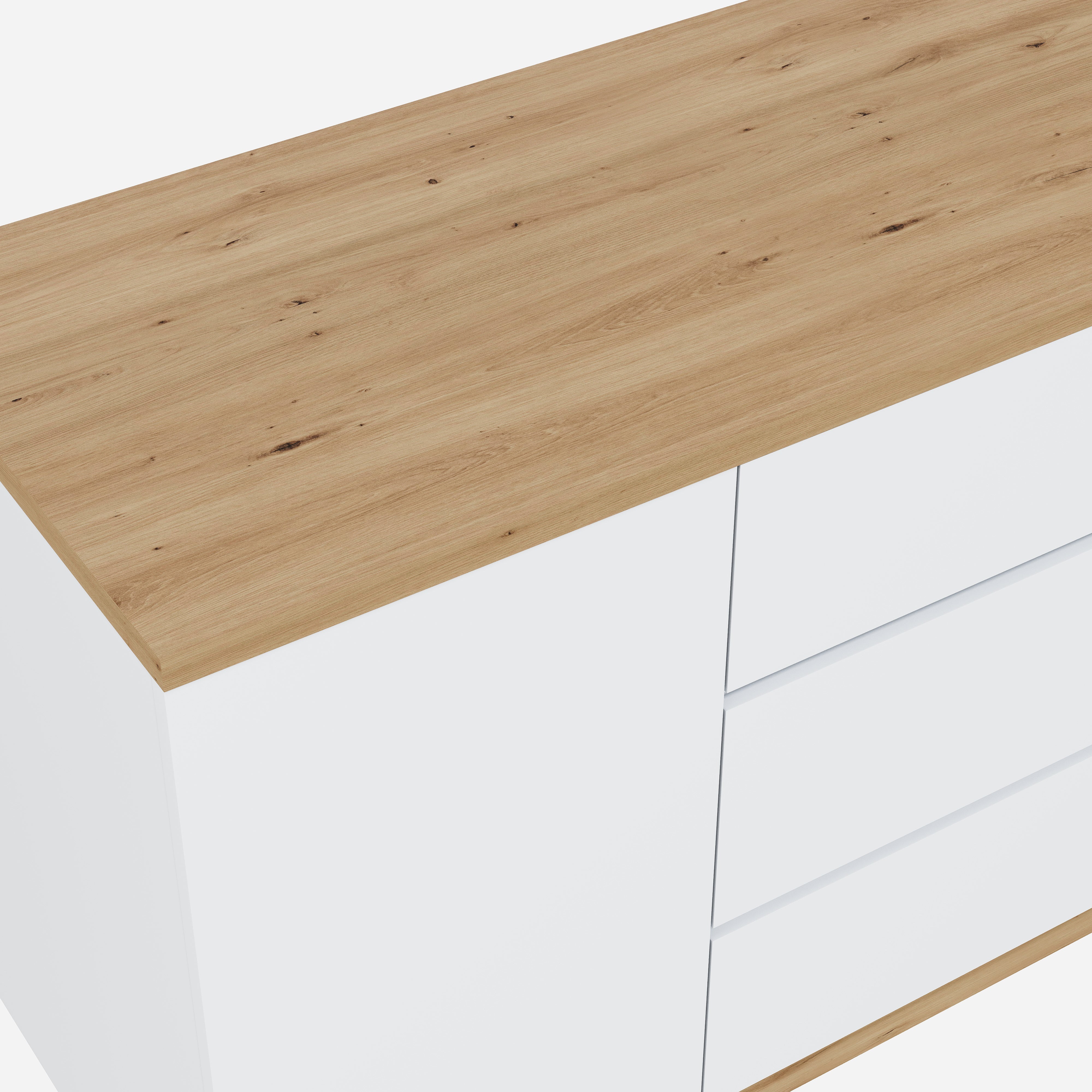 Biurko narożne z obrotowym blatem, 2 drzwiami i 3 szufladami - 120 x 50 x 76,5 cm - Płyta wiórowa - Biały + Dąb - 6
