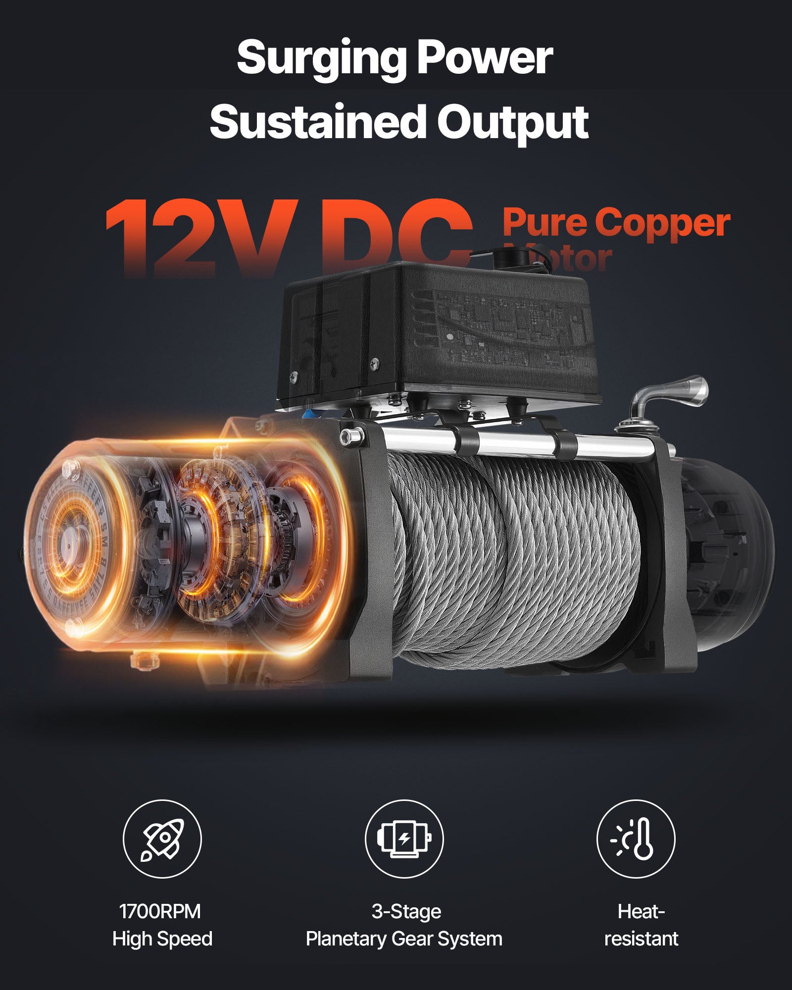 Treuil Électrique VEVOR 12 V CC 4500 kg avec Câble en Acier Φ 8,3 mm x 19,8 m, Télécommande, Étanchéité IP55, pour Remorquage de SUV, Jeep, Bateau - 3
