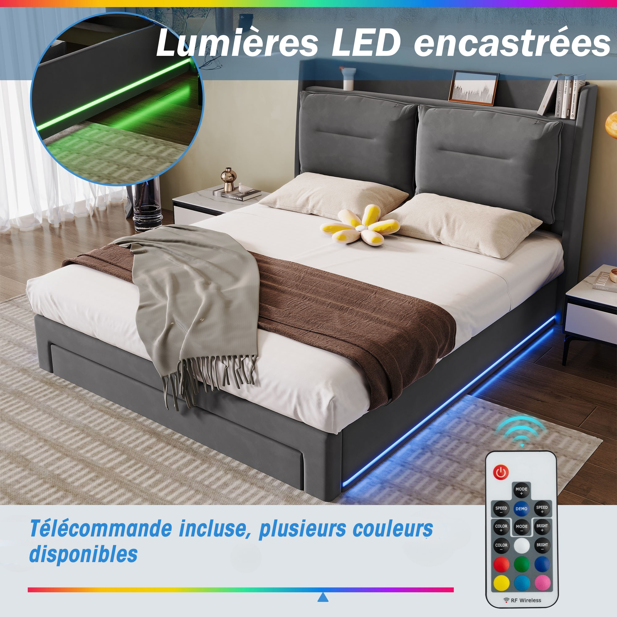 Cama con canapé tapizada en terciopelo - 140x190 cm - 2 cajones a los pies de la cama - Tira de luces LED empotrada a los pies de la cama - Gris - 3