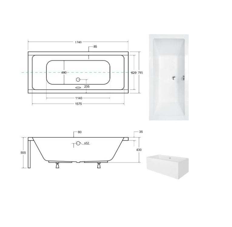 Baignoire rectangulaire blanc - avec Tablier noir mat - Repose Tête OFFERT - QUADRO - 175x80 - 3