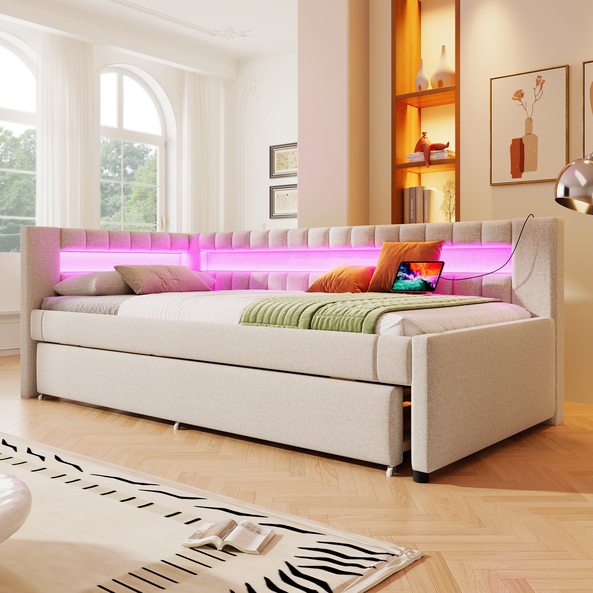 Łóżko wysuwane 90 x 200 cm + 90 x 190 cm z zagłówkiem - Ładowanie USB i typu C oraz diody LED - Tkanina lniana - Beżowy (bez materaca) - 4