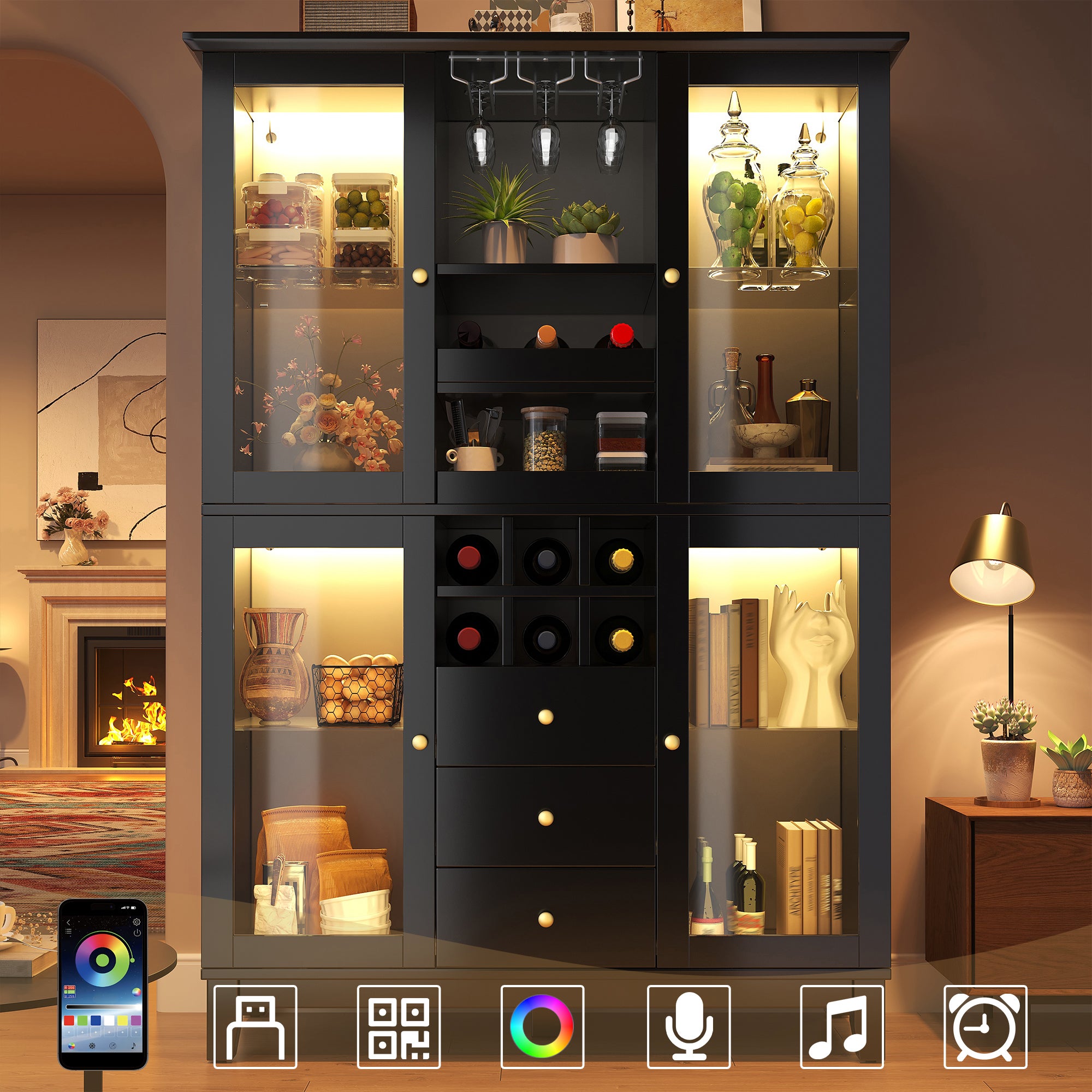 Aparador de cocina de 120x180cm, vinoteca con led rgb (app), soporte para copas, botellero y 3 cajones, antivuelco - negro