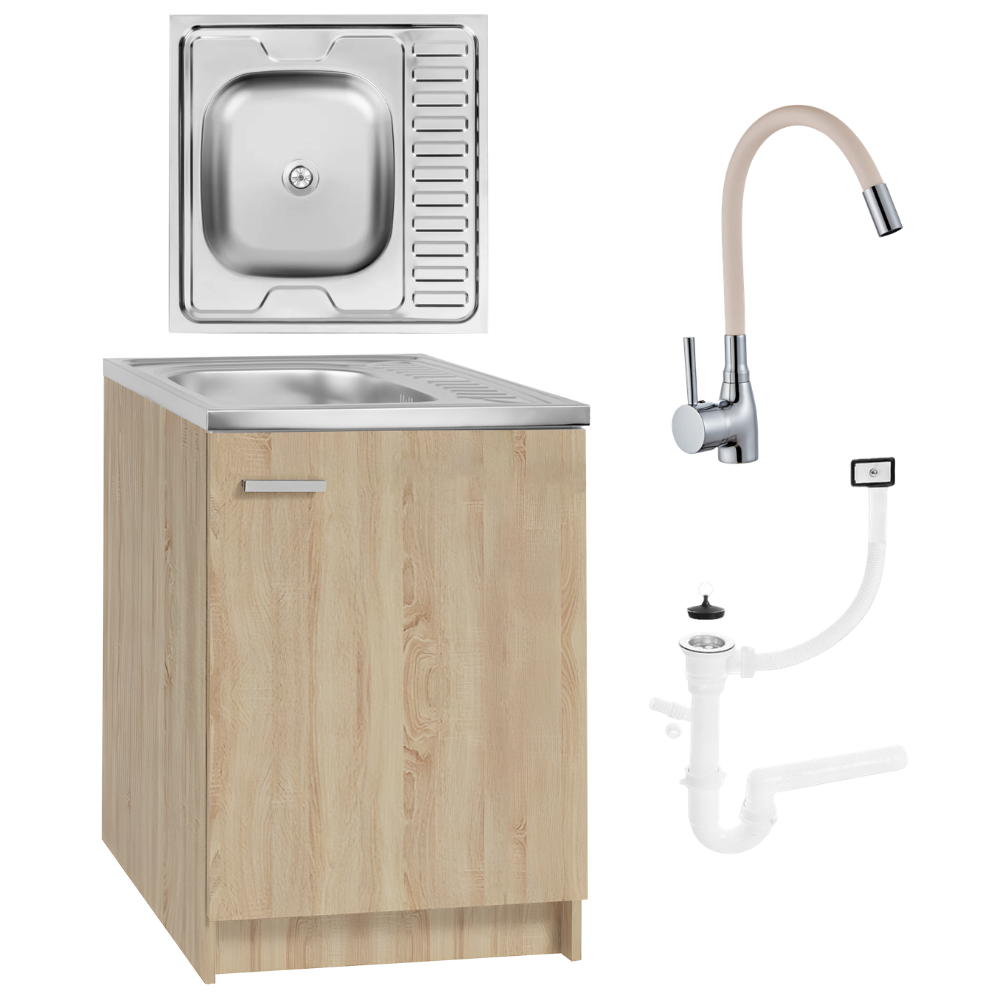 Szafka Kuchenna 60 x 60 cm Sonoma + Zlew + Bateria Elastyczna Beż Syfon