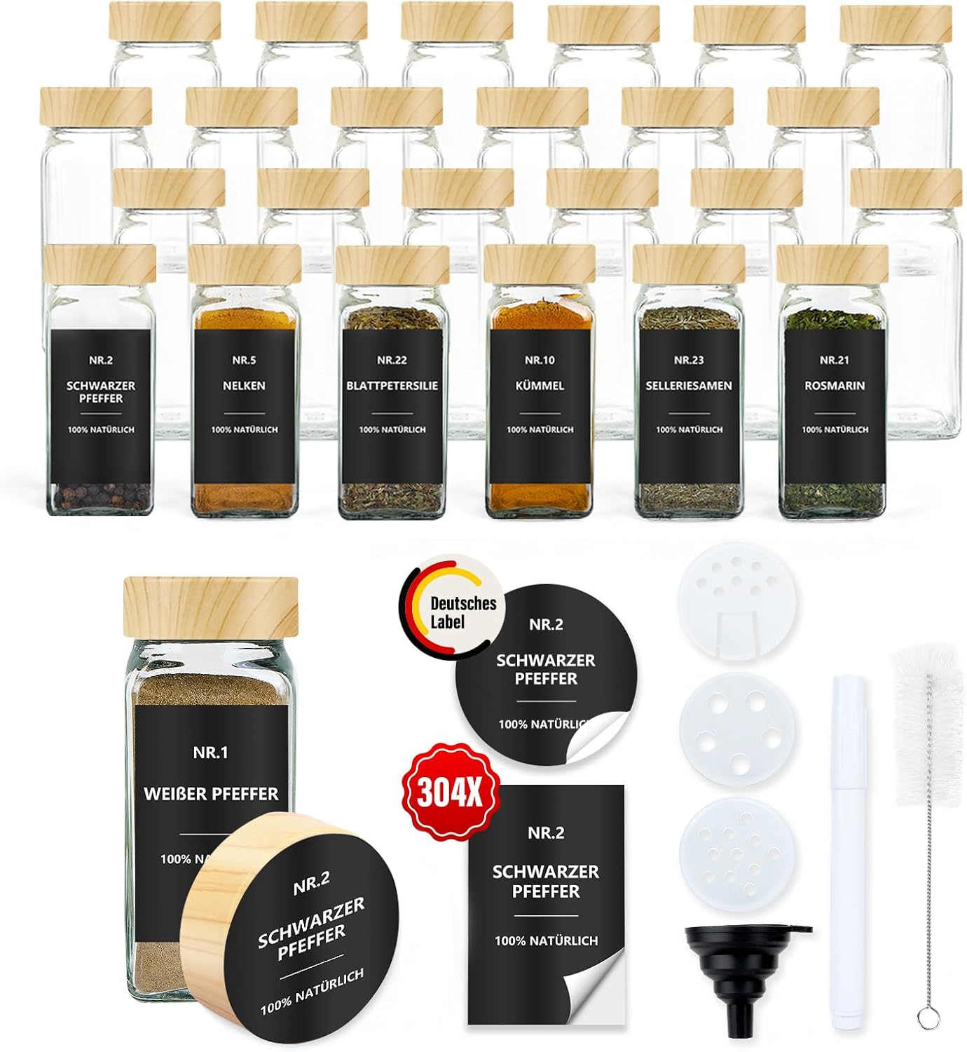 Zestaw 24 kwadratowych słoików na przyprawy o pojemności 120 ml z miarką, hermetycznymi etykietami i pokrywkami imitującymi drewno