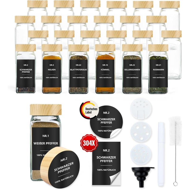 Zestaw 24 kwadratowych słoików na przyprawy o pojemności 120 ml z miarką, hermetycznymi etykietami i pokrywkami imitującymi drewno