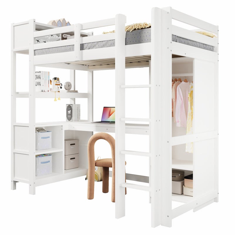 Łóżko piętrowe 90x200 cm - z półkami - ze schowkami - z biurkiem i szafą - białe (materac nie jest wliczony w cenę)