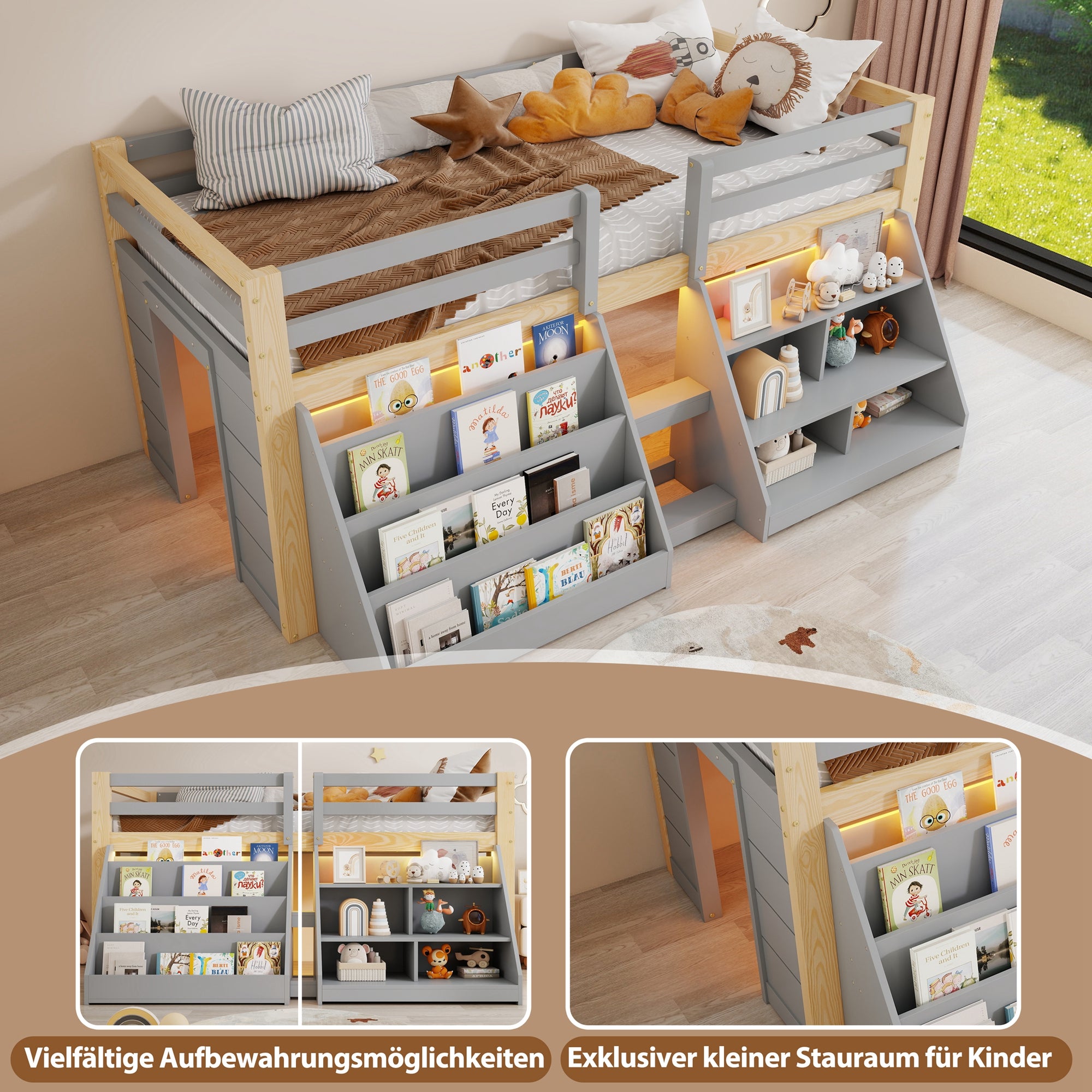 Lit mi-hauteur enfant 90 x 200 cm avec étagères et barrière de sécurité - Pin + MDF + contreplaqué - LEDs - Naturel + gris (Sans matelas) - 7