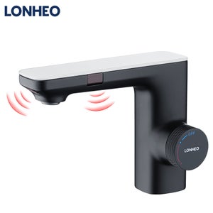 LONHEO MAX Mitigeur Lavabo Capteur Infrarouge Intelligent Automatique, Mitigeur Infrarouge Electronique Noir en Laiton à Eau Chaude et Froide