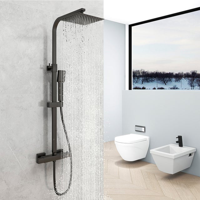 AICA ITALY Colonne Doccia Termostatiche, Sistema Doccia con Miscelatore Termostatico a 38℃ e Soffione Quadrato Altezza Regolabile 80-120cm Nero