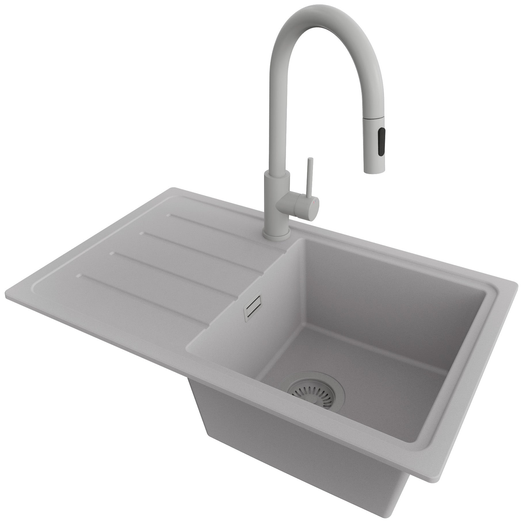 Zlewozmywak Granitowy Szary 70x44cm, Zlew Kuchenny 1 Komorowy + Bateria 40x20cm + Syfon, Nablatowy do szafki od 45cm - Kopenhaga Easy PRIMAGRAN