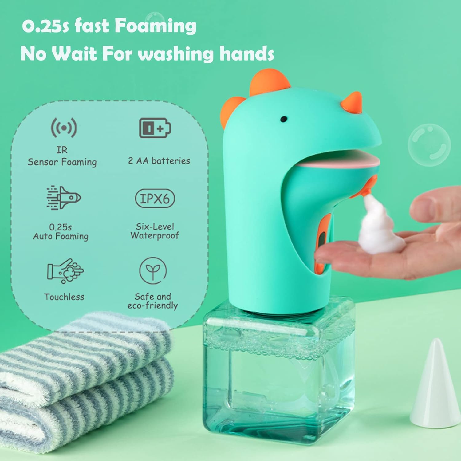 Distributeur automatique de savon mousse intelligent sans contact pour enfants, motif dinosaure mignon, 250 ml - 5