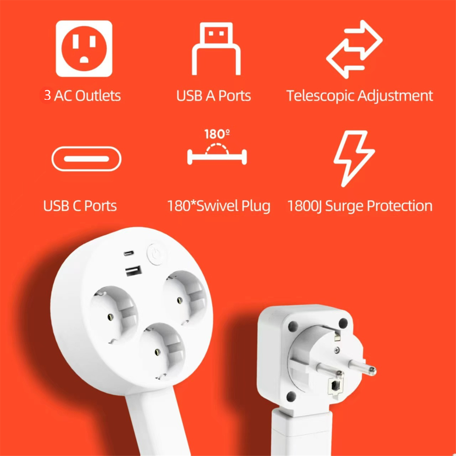 Prise Extensible Derriere Meuble, Prise Extensible,Outlet Extender, rotatives à 180°,avec Ports USB-A,USB-C et 2 Prises Secteur, 47 à 67 cm - 8
