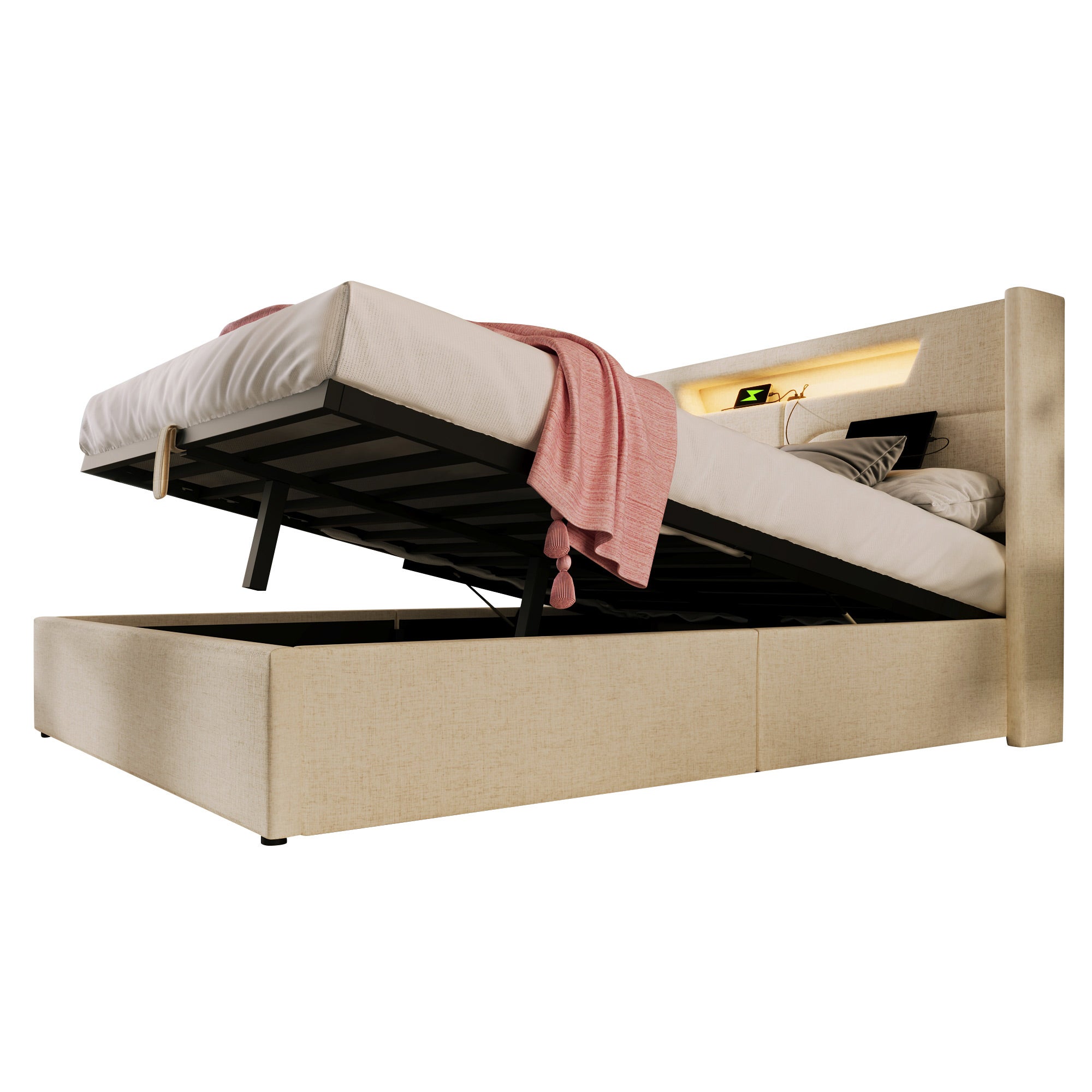 Cama contenedor para adultos 140 x 200 cm con cabecero - USB + Tipo C + LED - tejido de lino - beige - 3