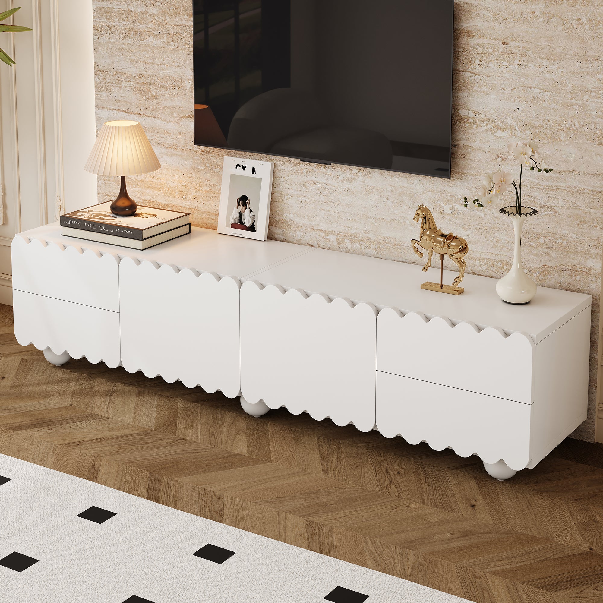 Szafa pod telewizor Nowoczesna szafka pod telewizor 175 x 38 x 37 cm - 2 drzwi i 4 szuflady - MDF + płyta wiórowa - biała - 6
