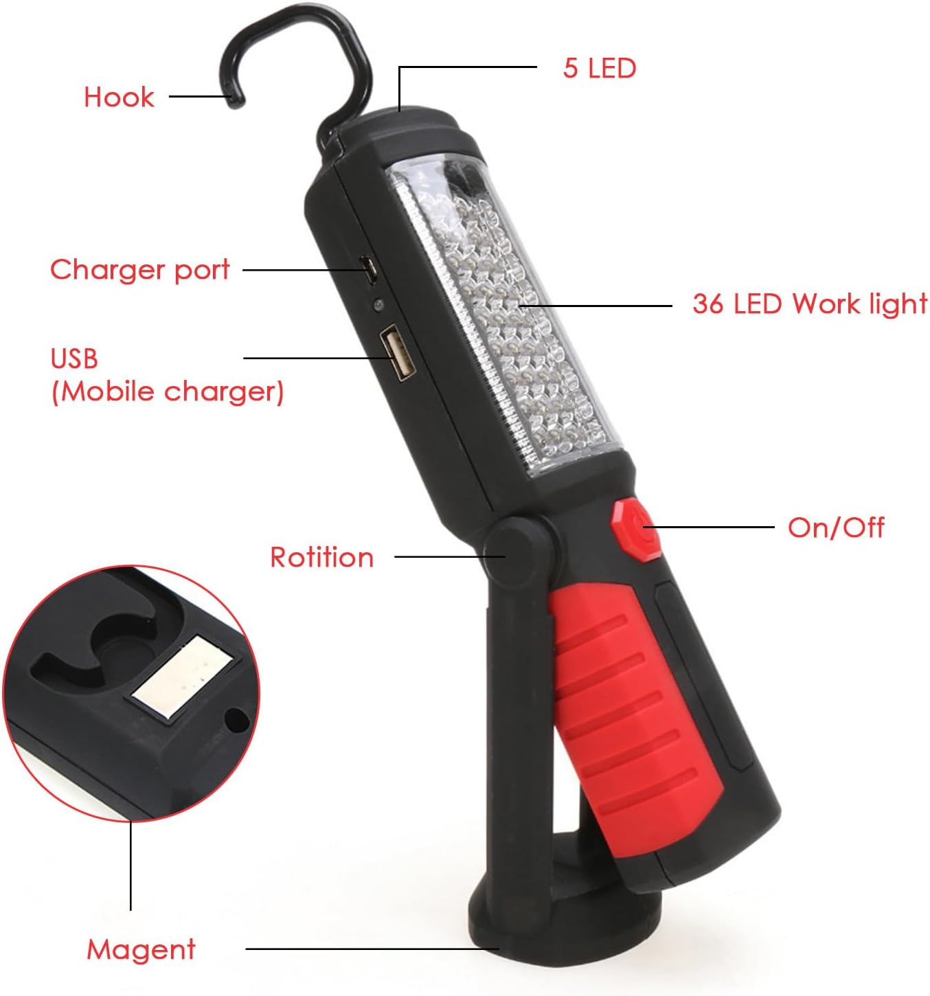 Lampe de Travail Rechargeable Rechargeable Puissante, Baladeuse LED Lampe Atelier avec Base Magnétique, Torche pour Auto, Atelier, Camping et Urgence - 2