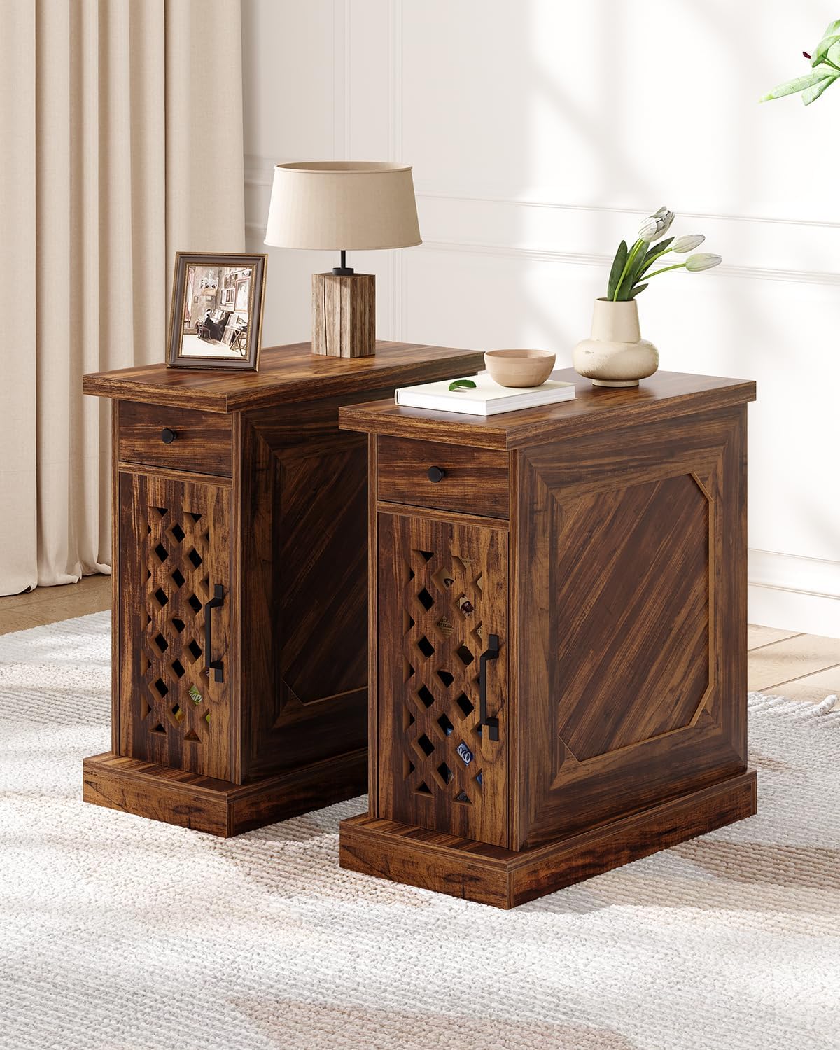 Tavolino in legno, 2 ripiani, tavolino stretto per soggiorno e camera da letto, tavolino industriale per piccoli spazi, design circolare rustico
