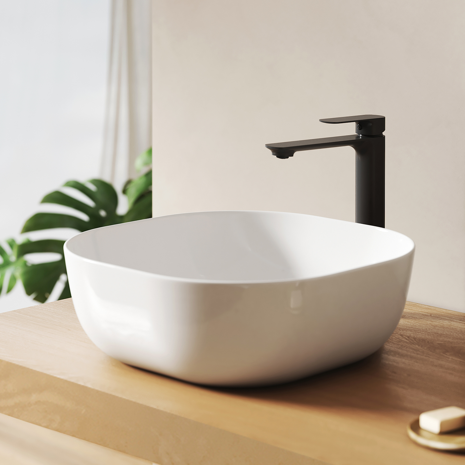 EMKE Umywalka nablatowa 41.5x41.5x14.5 cm, Owalna Umywalka ceramiczna łazienkowa, brylantowa biel