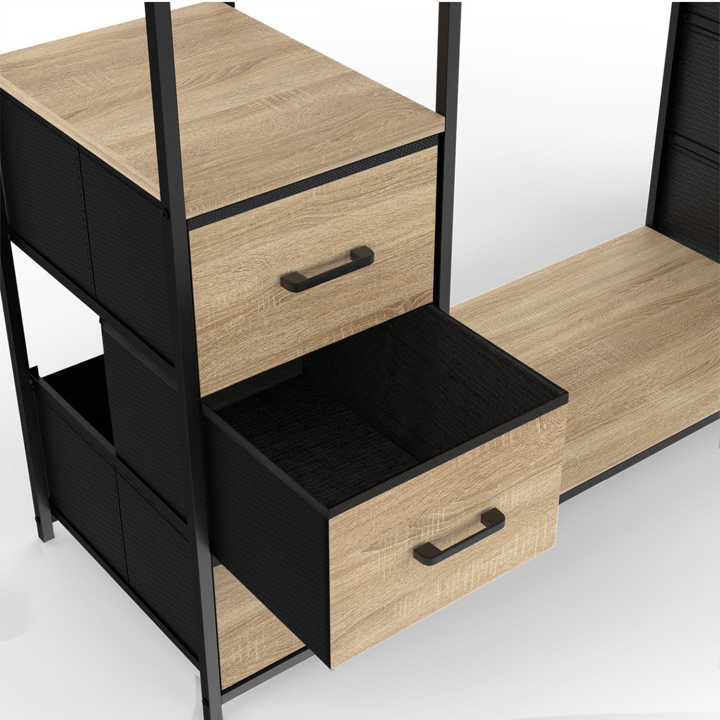 Dressing double penderie + double colonne L. 140 cm UTAH avec 6 étagères et 6 bacs en tissu bois et noir - 5