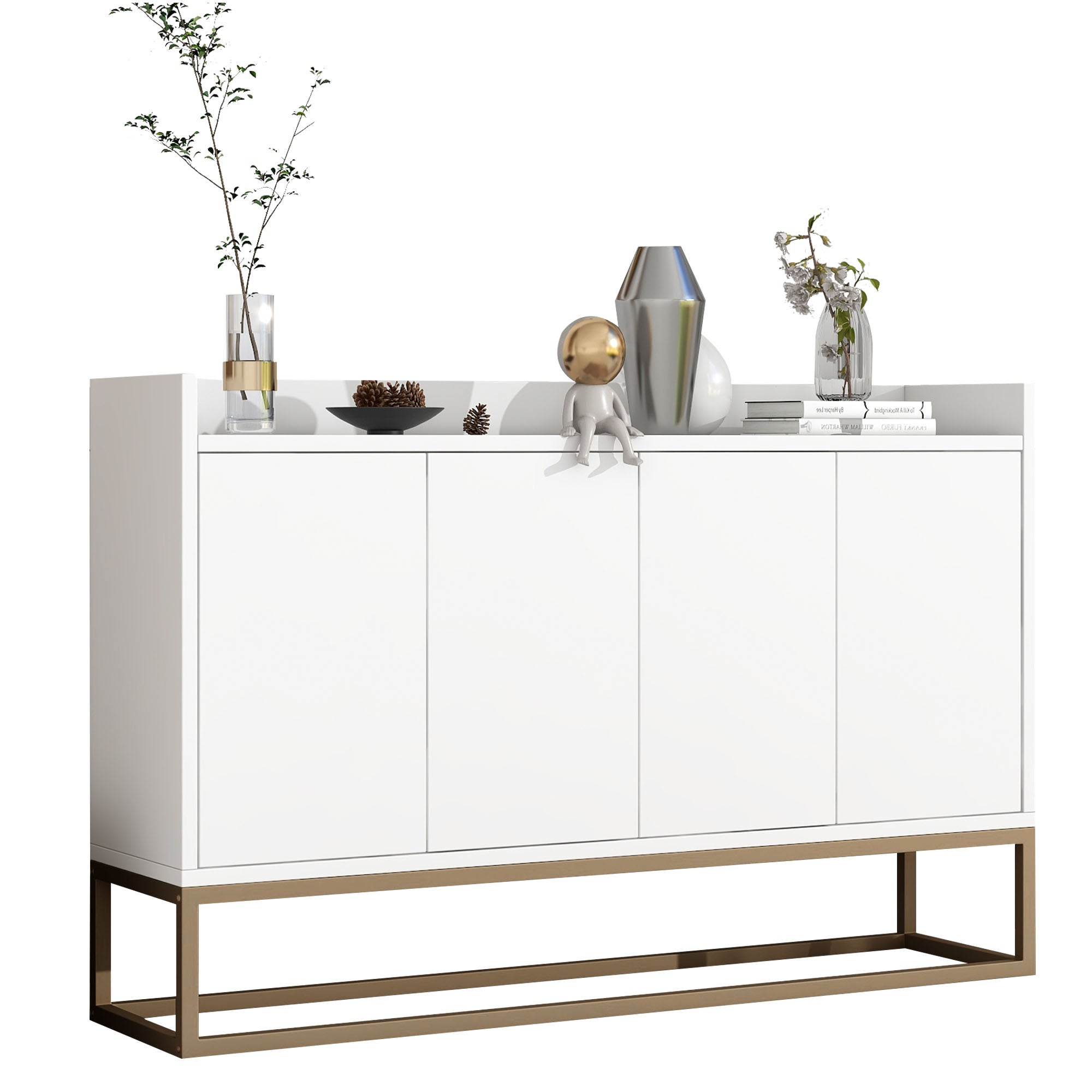 Credenza bassa 4 ante - Legno MDF e gambe in metallo - Stile moderno - Colore bianco - 120 x 30 x 80 cm - 4