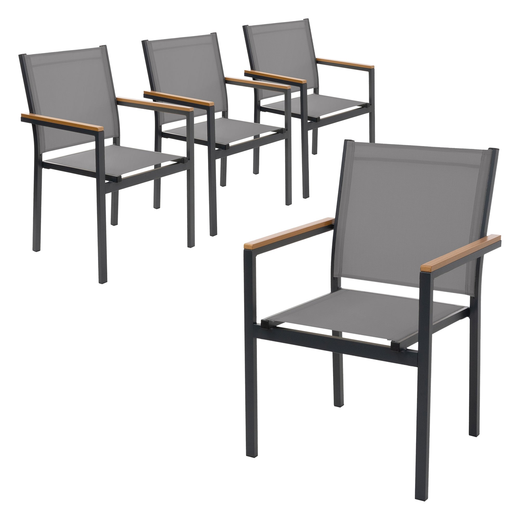 ML-Design krzesła ogrodowe balkonowe tarasowe 4 szt Imitacja drewna ciemnoszare tekstylen oddychający rama aluminiowa odporne na warunki atmosferyczne