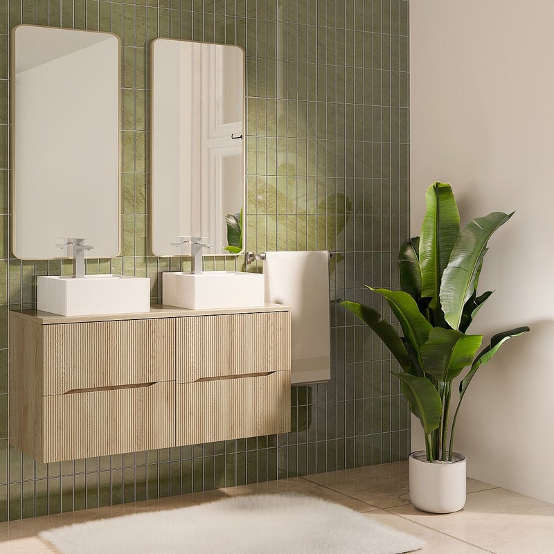 Szafka łazienkowa wisząca prążkowana z kwadratową umywalką nablatową – Jasny naturalny – 120 cm – ORISO