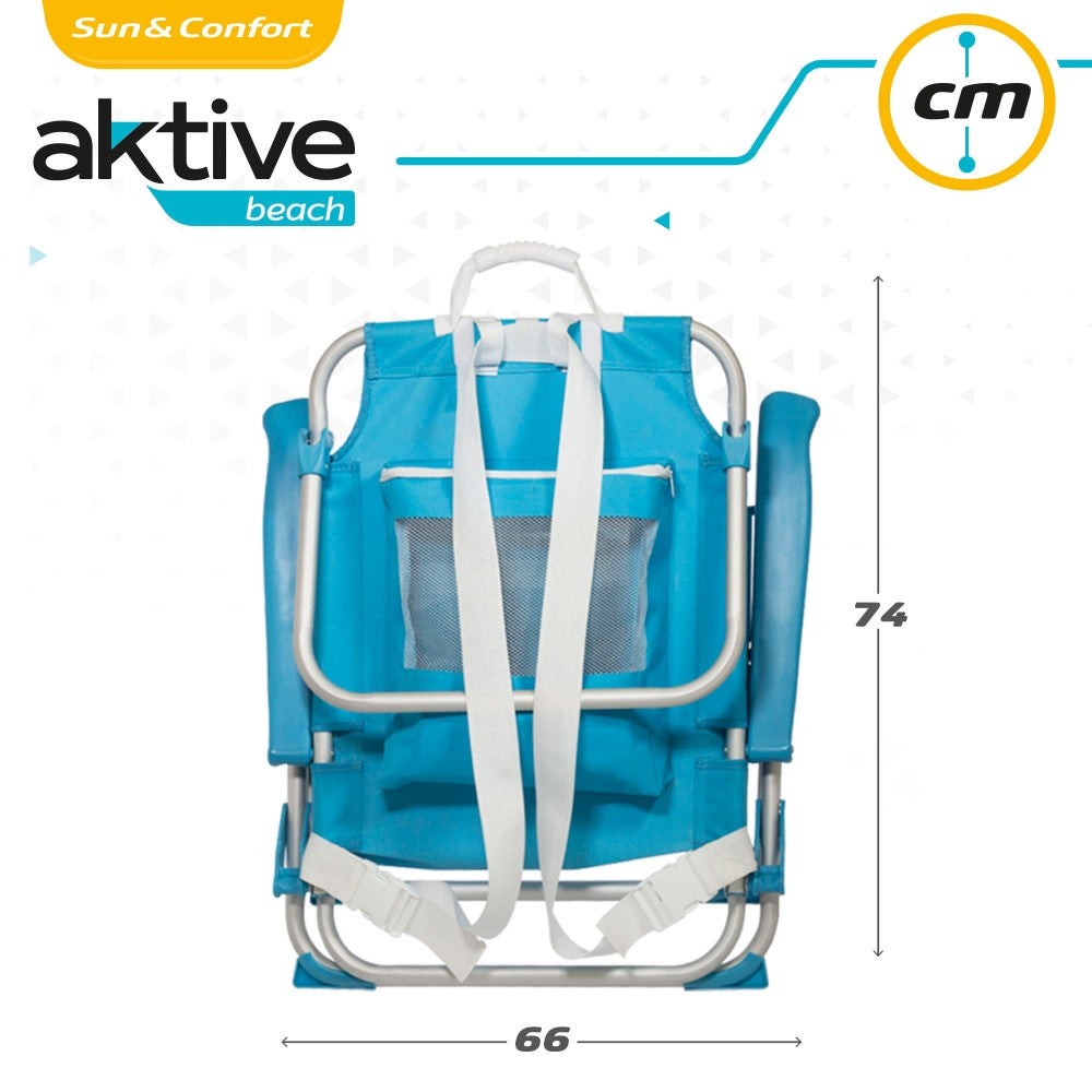 AKTIVE Sedia da spiaggia pieghevole 49x58x80 cm, con cuscino, sedia zaino pieghevole, schienale reclinabile, con due tasche, blu pastello (53983) - 7
