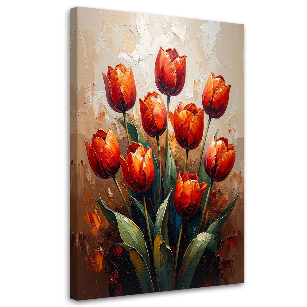 Obraz do salonu czerwone tulipany kwiaty beżowe tło 60x90