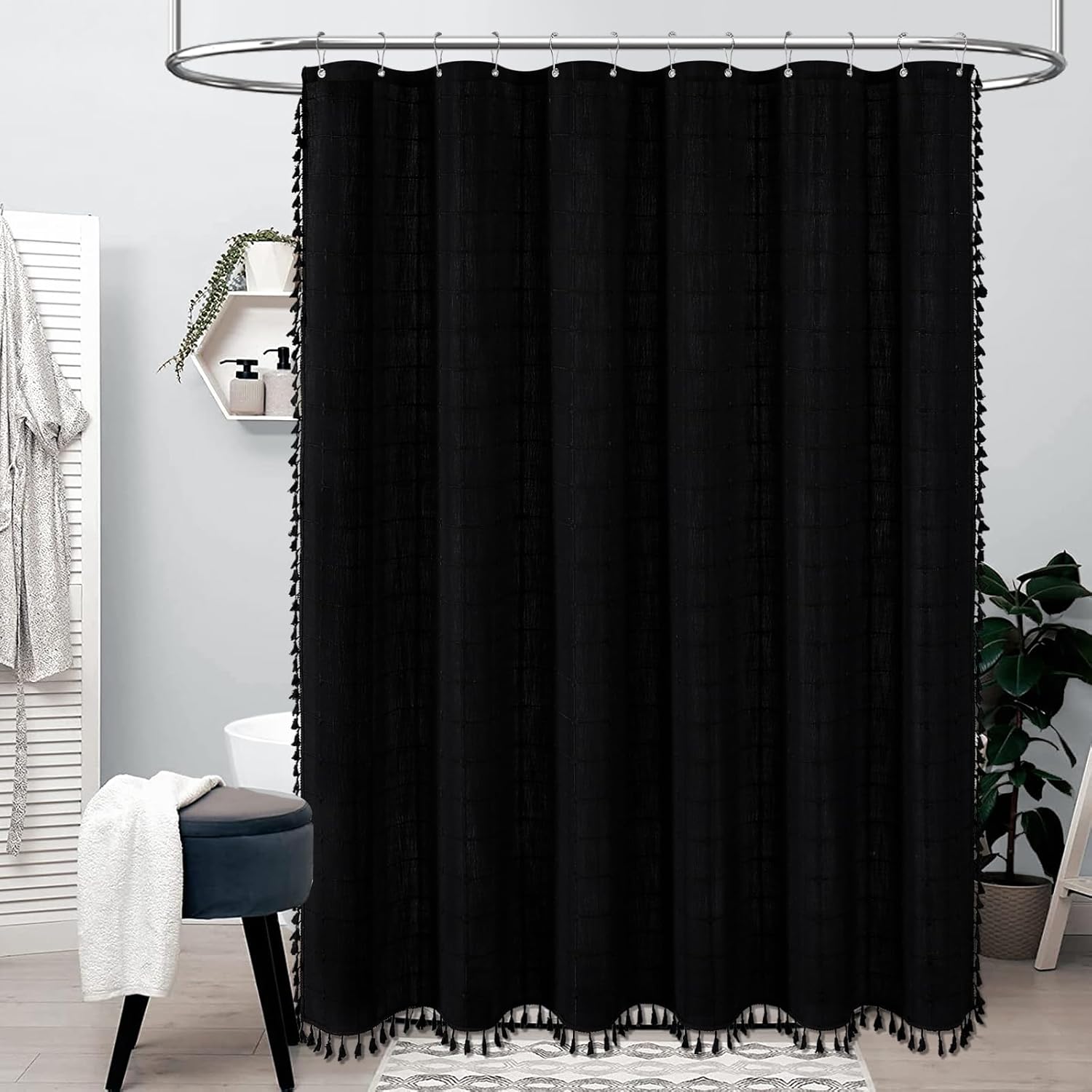 Zasłona prysznicowa z frędzlami w stylu boho, lniana, dekoracja łazienki, 92 x 183 cm (czarna)
